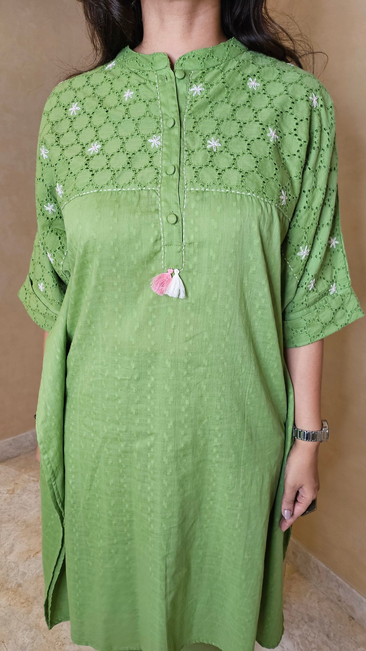 Green Cotton Kaftan Kurta Pant Set with Schiffli Work