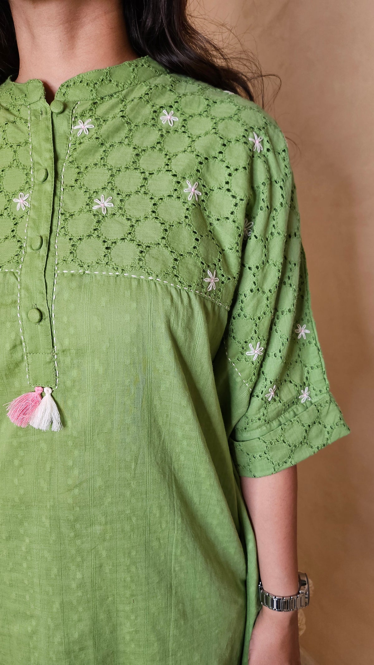 Green Cotton Kaftan Kurta Pant Set with Schiffli Work