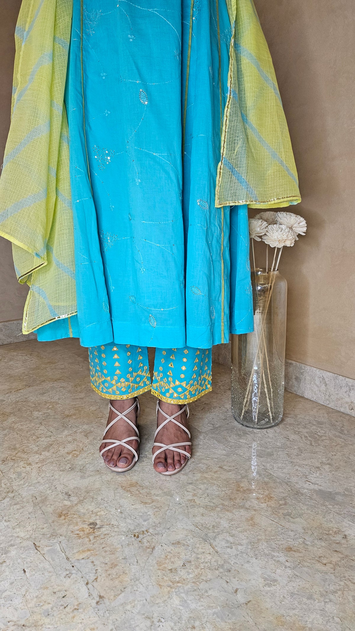 Turquoise Cotton Suit Set with Kota Doria Dupatta | 3-Piece Ethnic Set