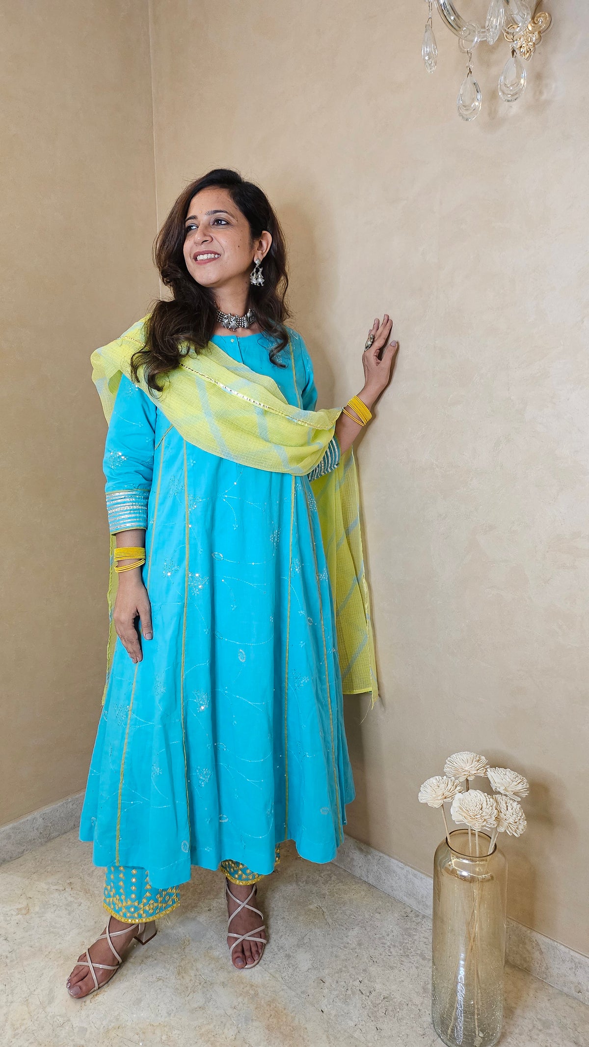 Turquoise Cotton Suit Set with Kota Doria Dupatta | 3-Piece Ethnic Set