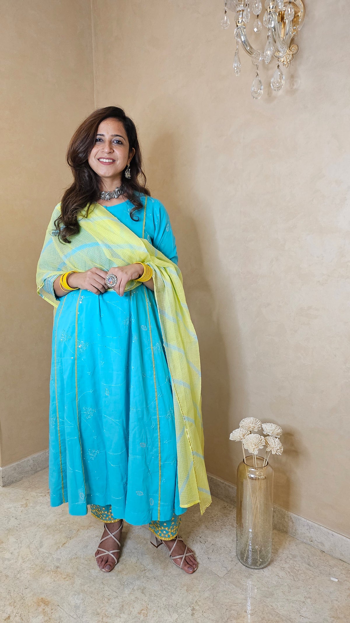 Turquoise Cotton Suit Set with Kota Doria Dupatta | 3-Piece Ethnic Set
