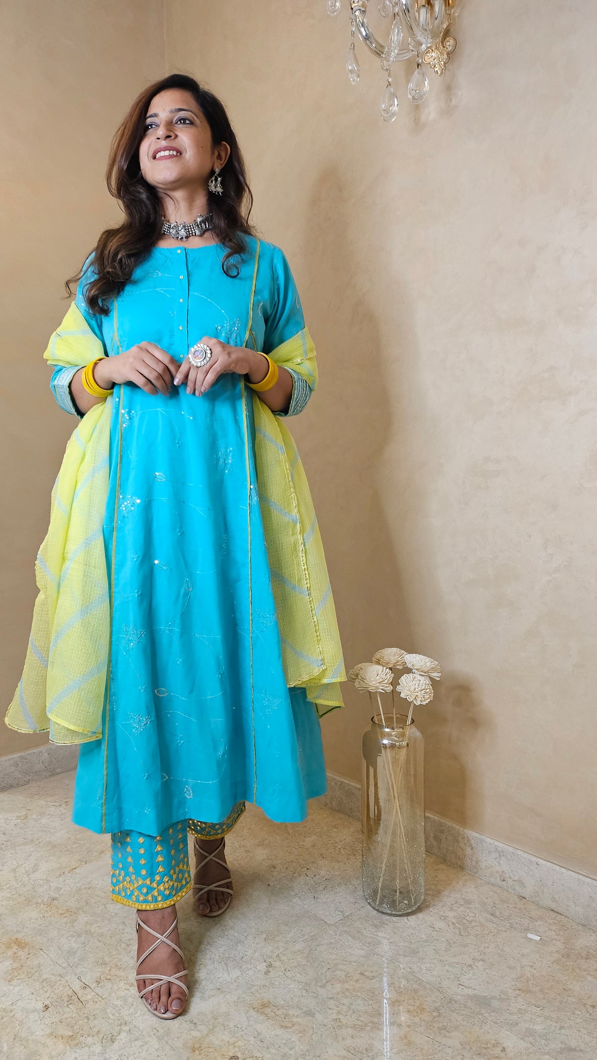 Turquoise Cotton Suit Set with Kota Doria Dupatta | 3-Piece Ethnic Set