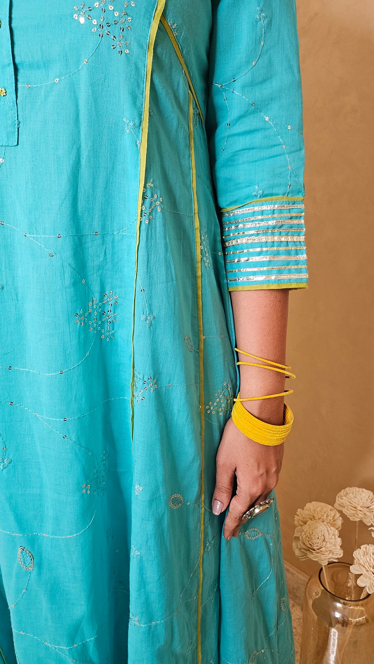 Turquoise Cotton Suit Set with Kota Doria Dupatta | 3-Piece Ethnic Set