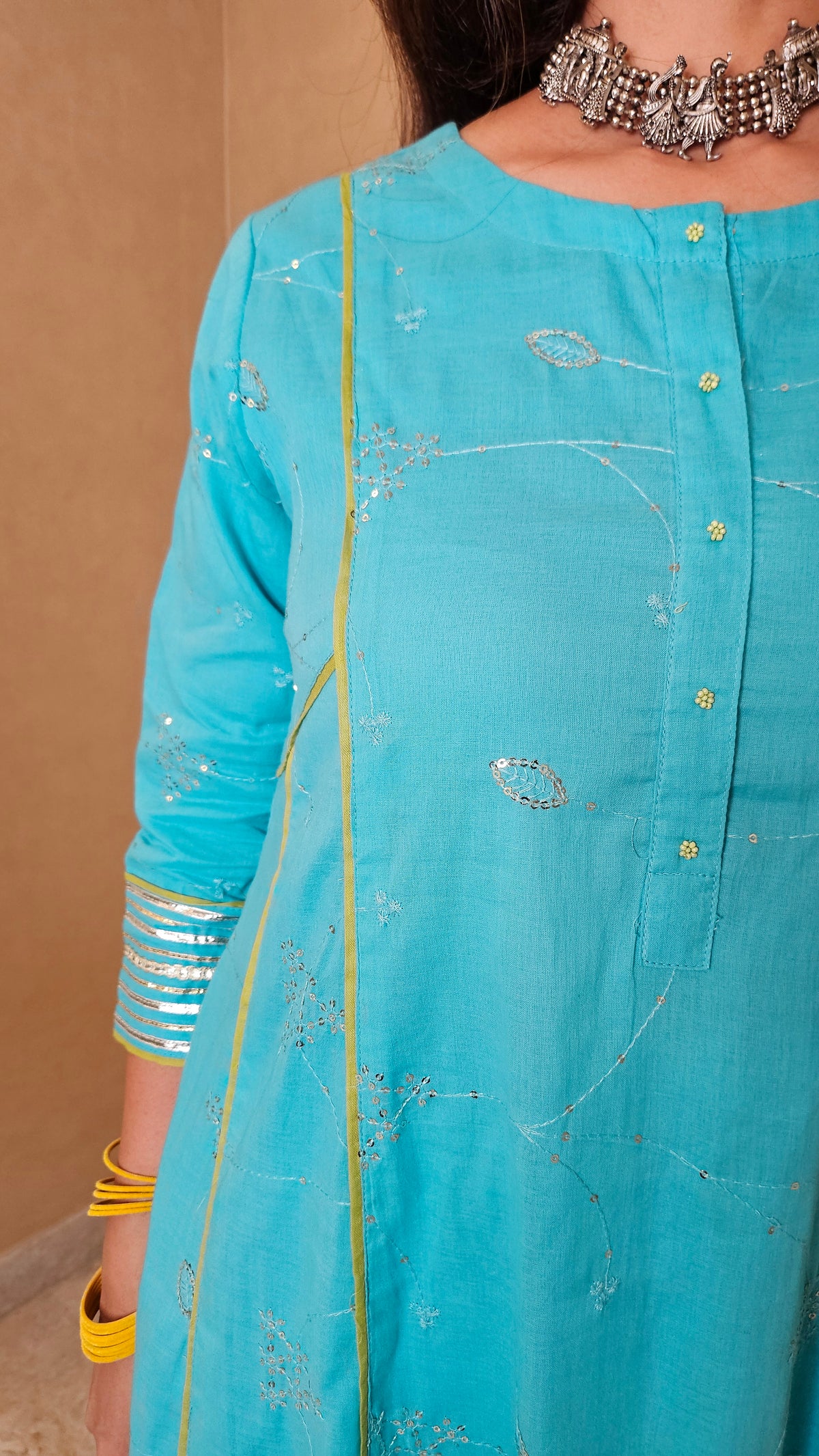 Turquoise Cotton Suit Set with Kota Doria Dupatta | 3-Piece Ethnic Set