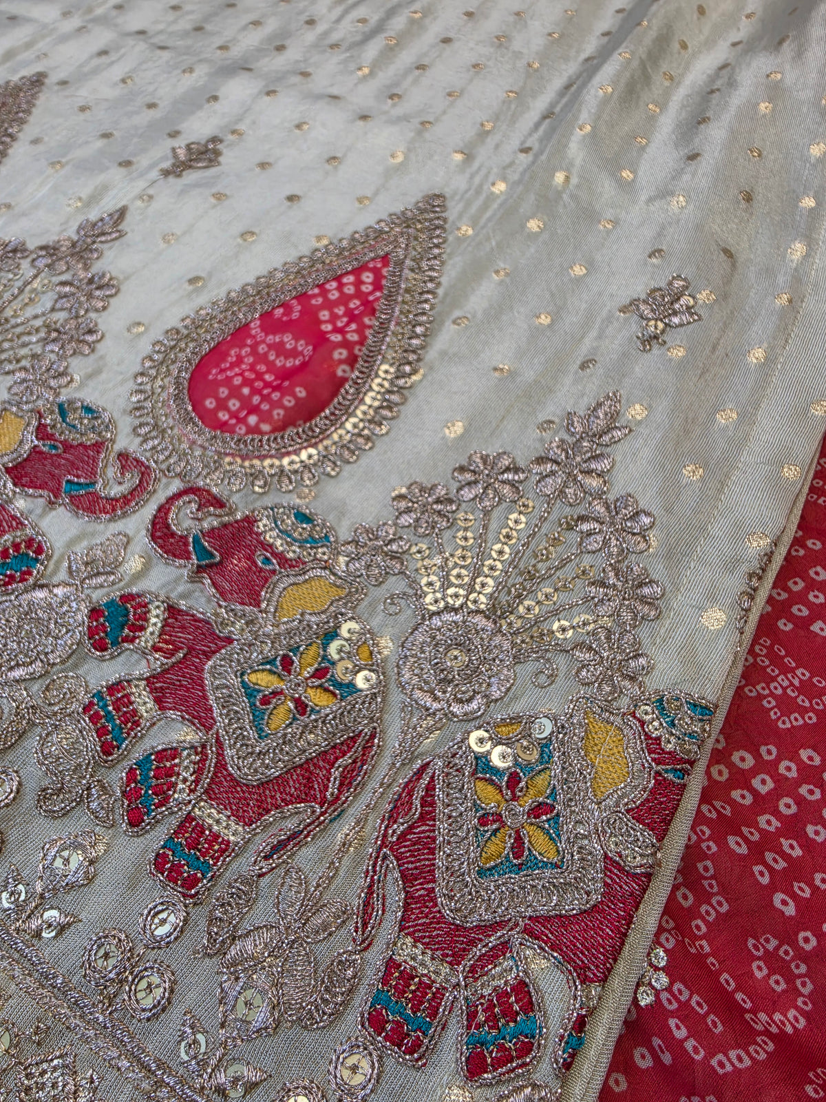 Silk Cotton Ivory Kurta Pant Set with Red Bandhej Print Dupatta