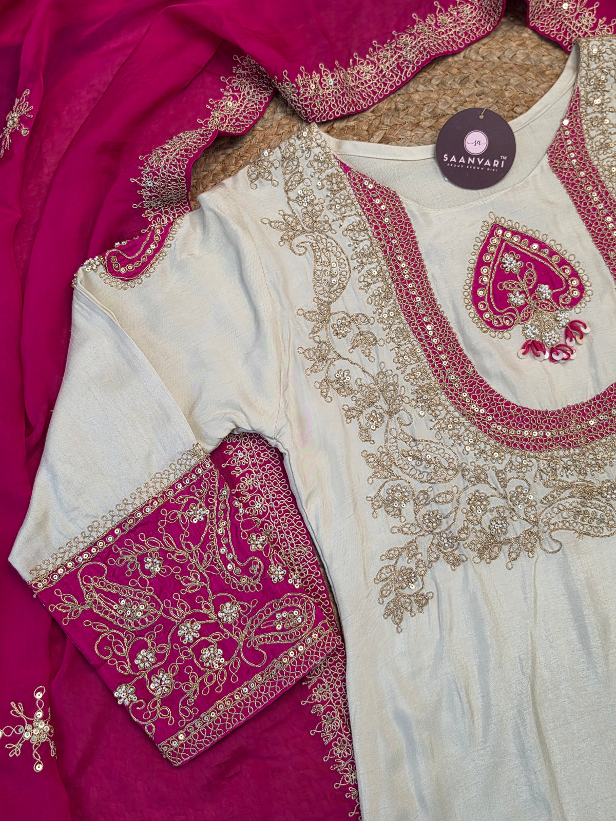 Ivory Silk Cotton Suit Set with Rani Pink Embroidered Dupatta