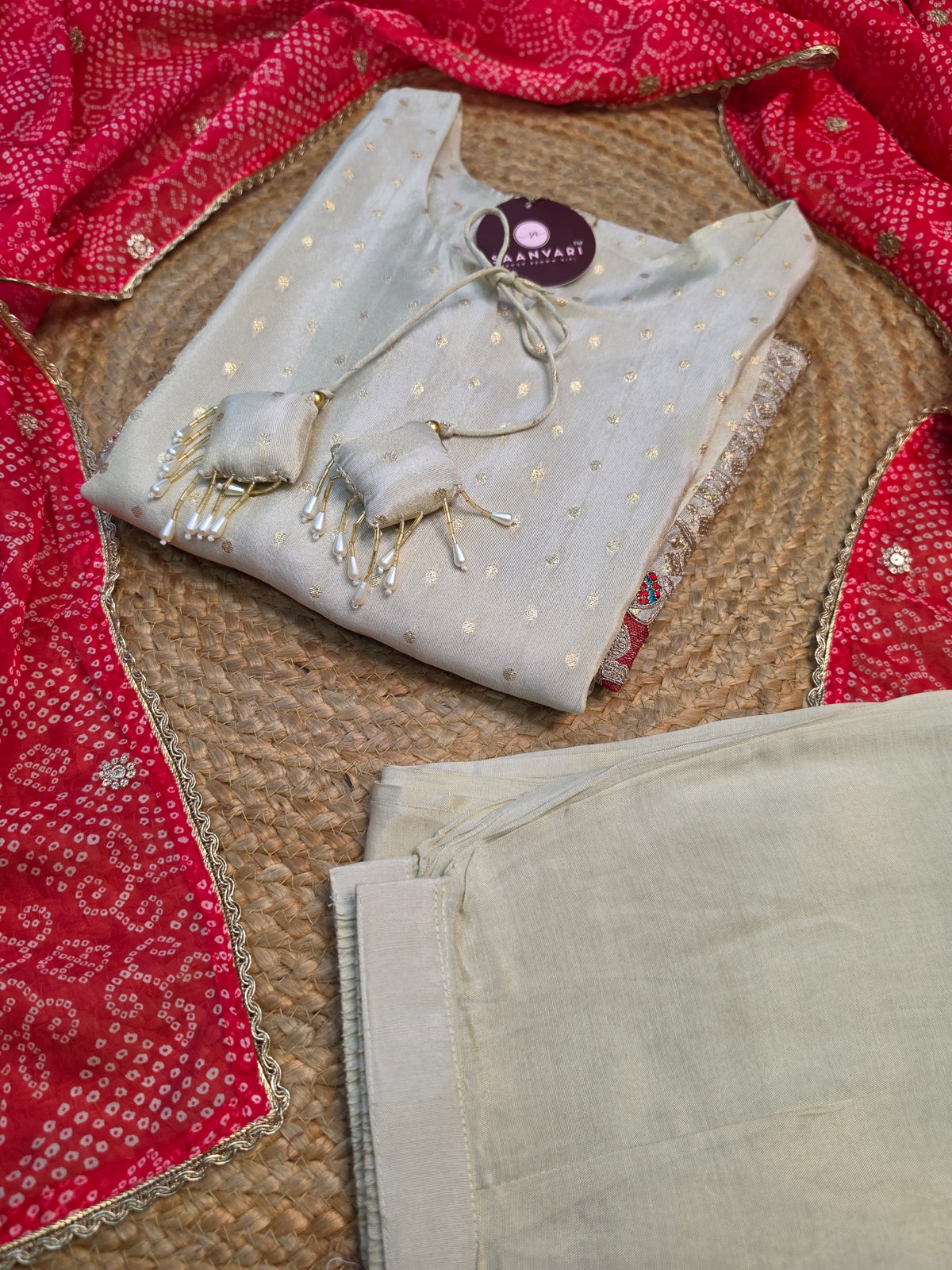 Silk Cotton Ivory Kurta Pant Set with Red Bandhej Print Dupatta