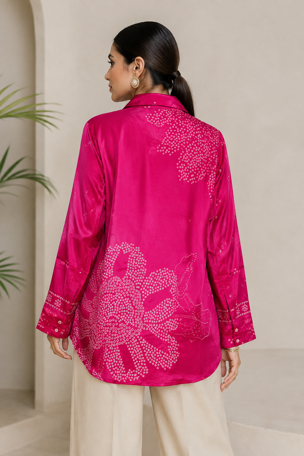 Pink Bandhani Print Crepe Shirt for Women