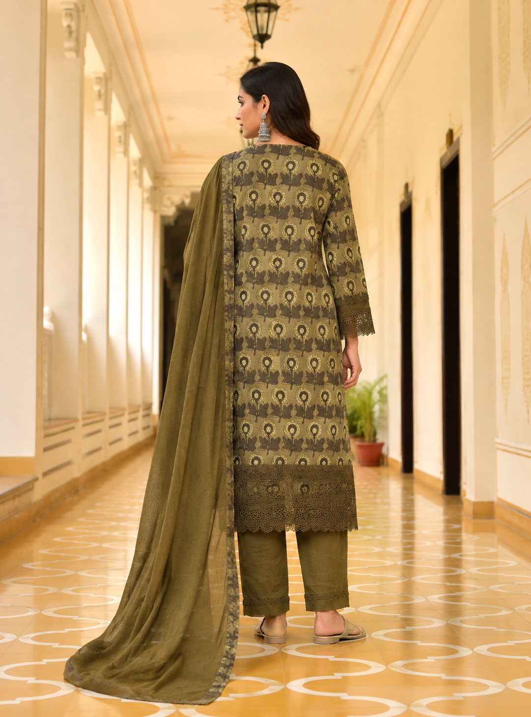 Mehndi Green Cotton Dupatta Suit Set with Lace Detailing | 3-Piece Set