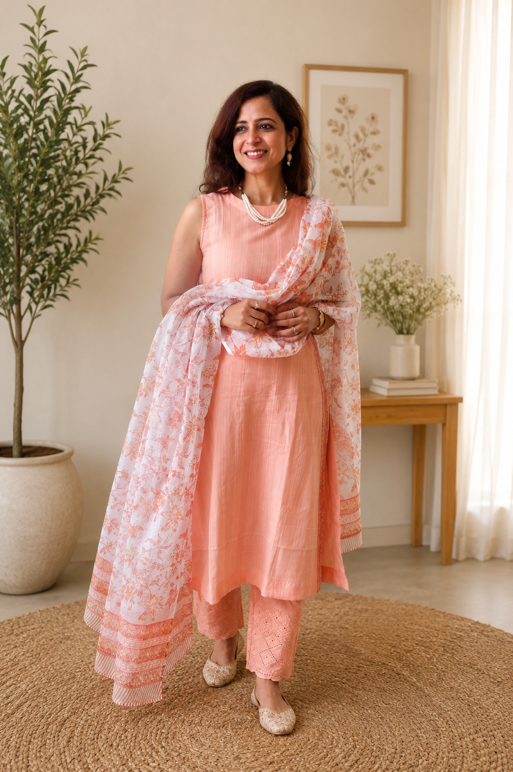 Peach Cotton Suit Set with Kota Doria Dupatta & Schiffli Pants