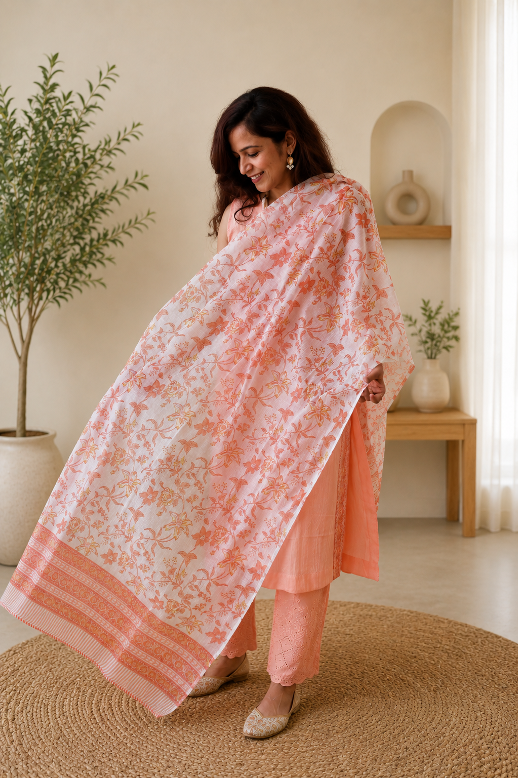 Peach Cotton Suit Set with Kota Doria Dupatta & Schiffli Pants