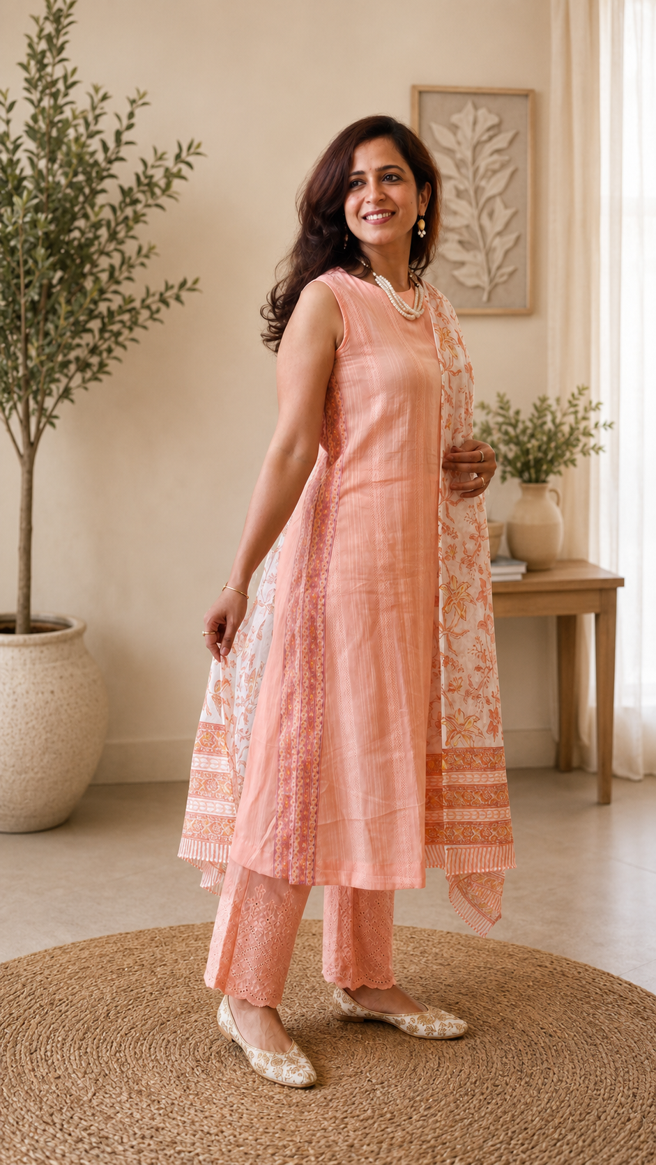 Peach Cotton Suit Set with Kota Doria Dupatta & Schiffli Pants