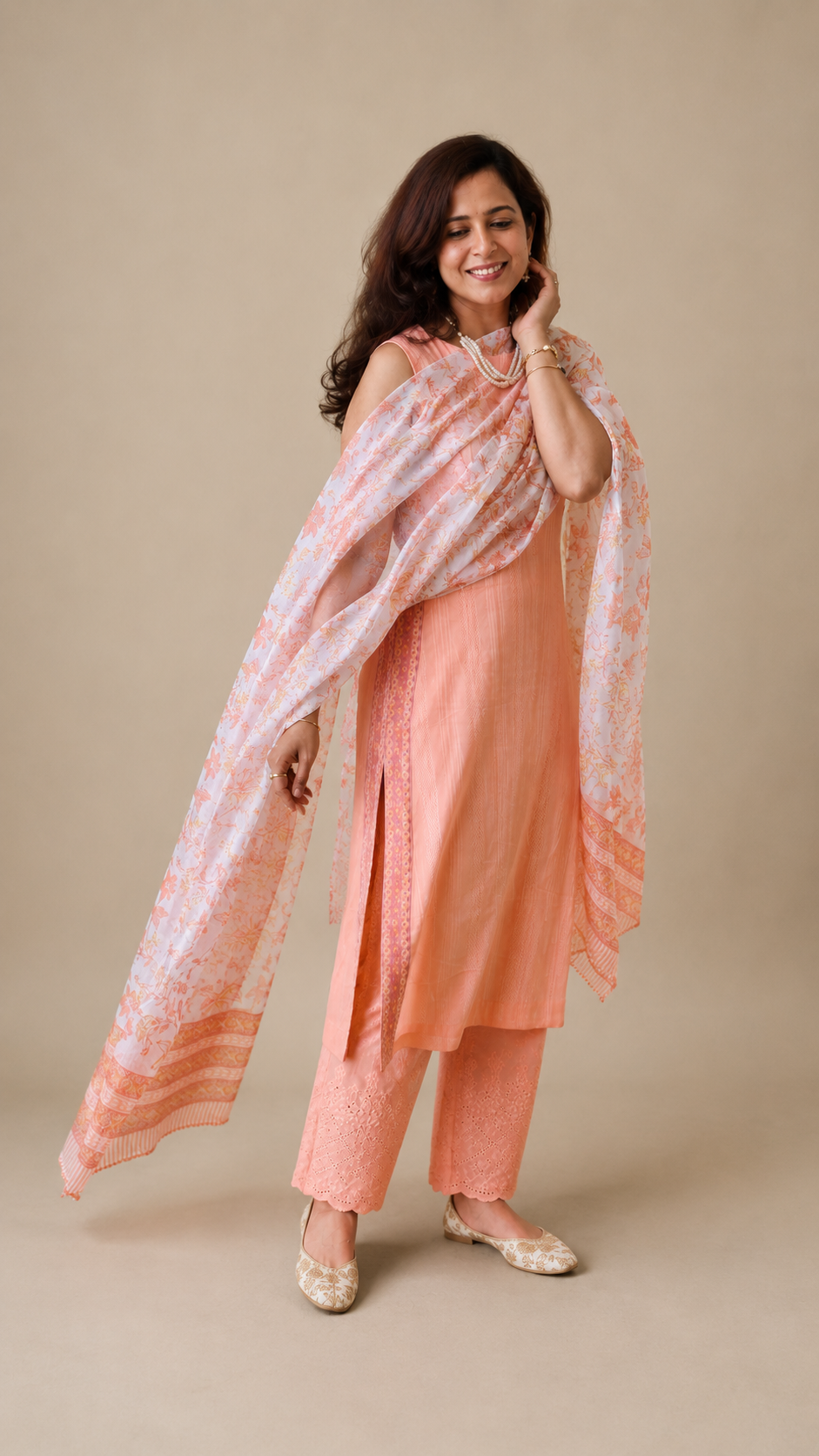 Peach Cotton Suit Set with Kota Doria Dupatta & Schiffli Pants