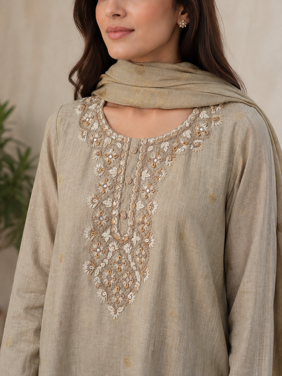 Ivory Katha Work 3-Piece Dupatta Suit Set