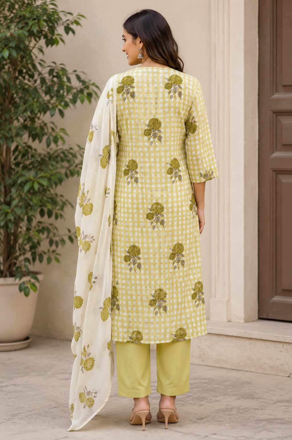 Jaipur Cotton Checks Dupatta Suit with Floral Print – 2 Colours