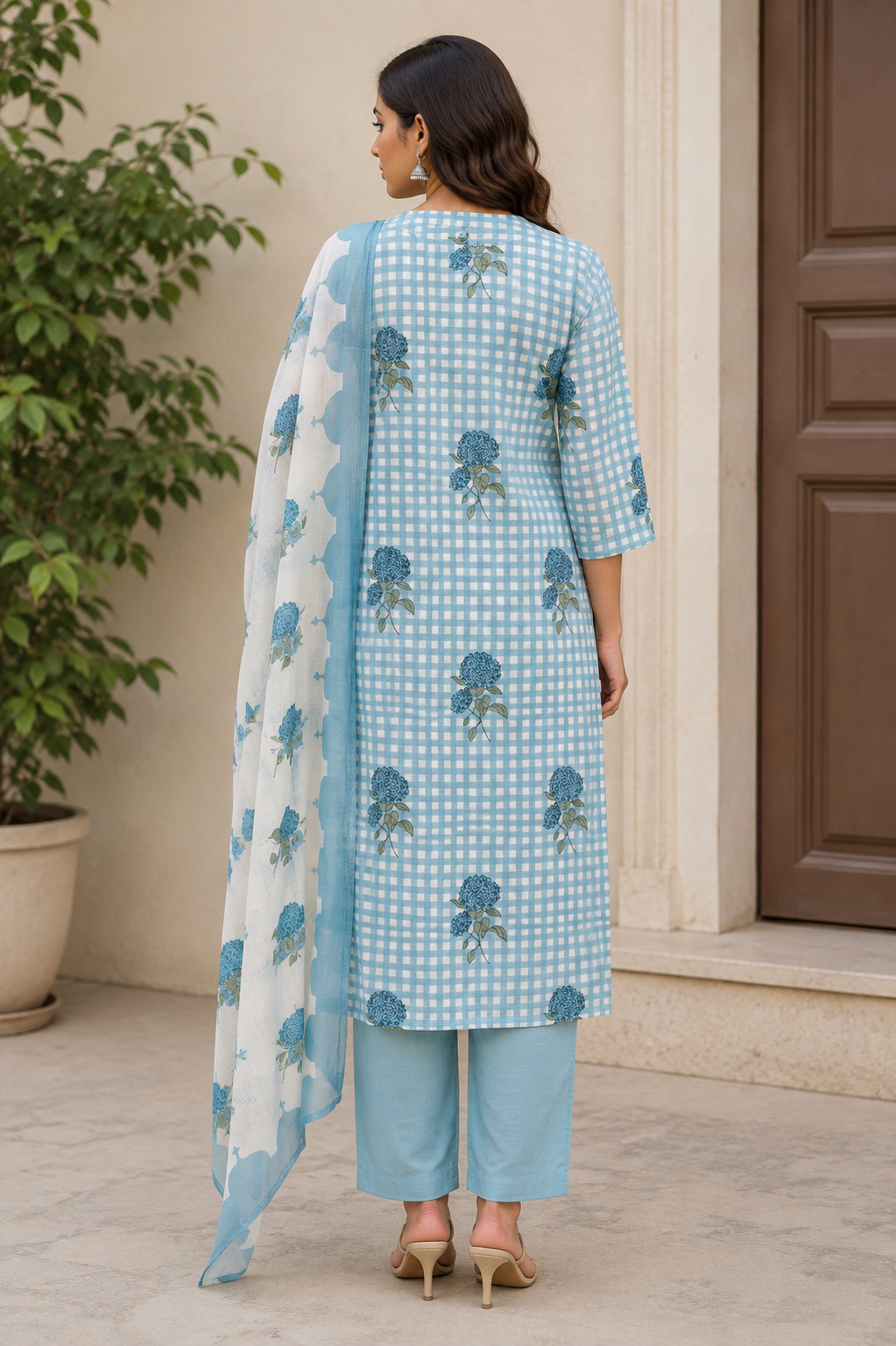 Jaipur Cotton Checks Dupatta Suit with Floral Print – 2 Colours
