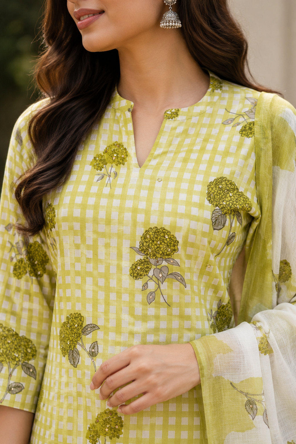 Jaipur Cotton Checks Dupatta Suit with Floral Print – 2 Colours
