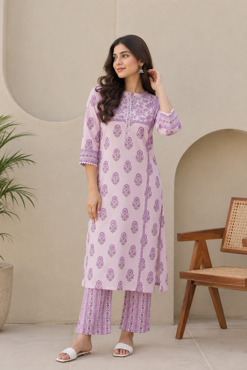 Lavender Bloom Cotton Kurta Pant Set with Lace & Sequin Detailing