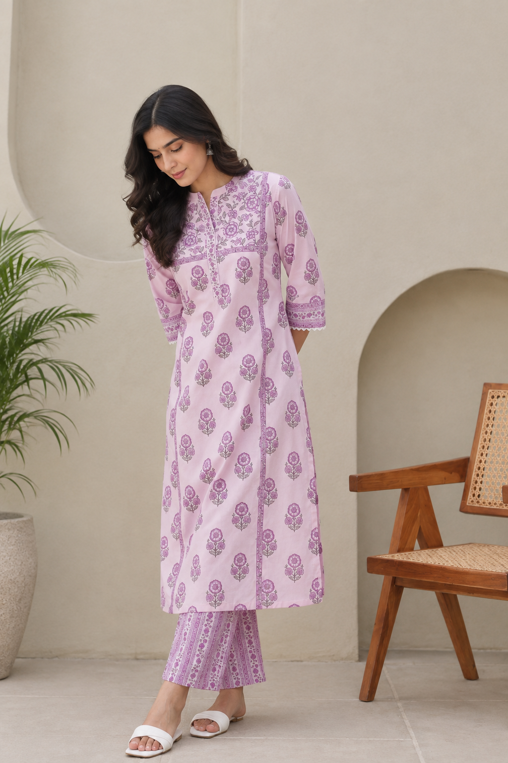 Lavender Bloom Cotton Kurta Pant Set with Lace & Sequin Detailing