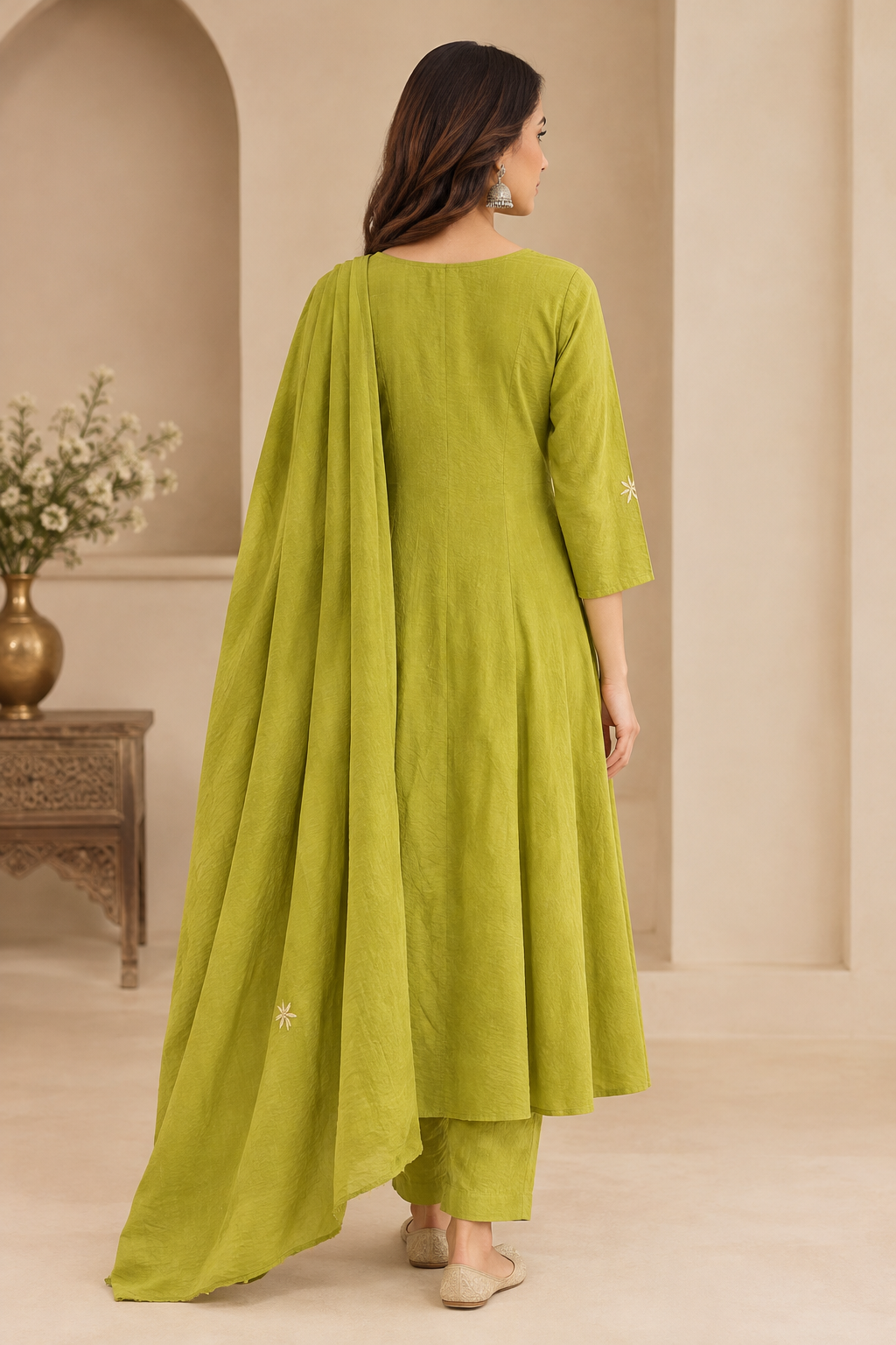 Embroidered Cotton 3-Piece Suit Set with Dupatta – Brown & Lime Green
