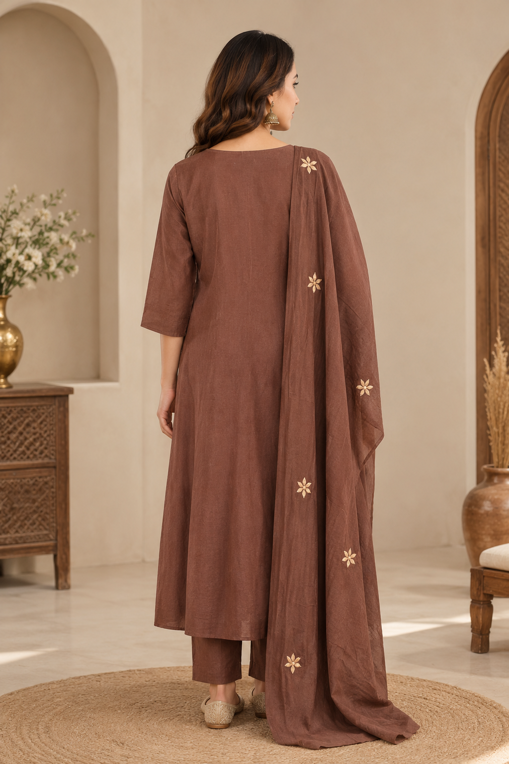 Embroidered Cotton 3-Piece Suit Set with Dupatta – Brown & Lime Green
