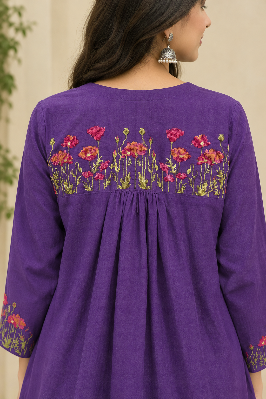 Purple Cotton A-Line Kurta Pant Dupatta Suit Set with Cross-Stitch Work