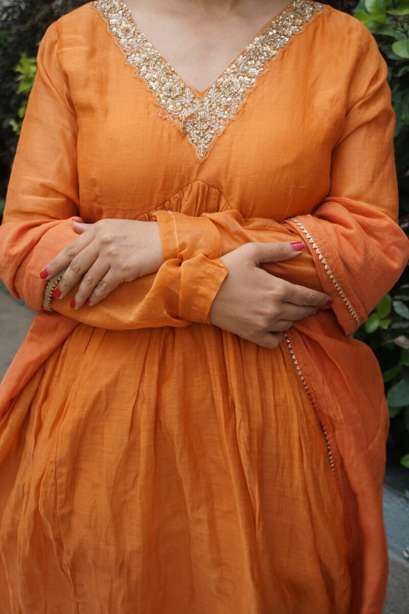 Orange Anarkali Dupatta Suit with Full Churidar Sleeves