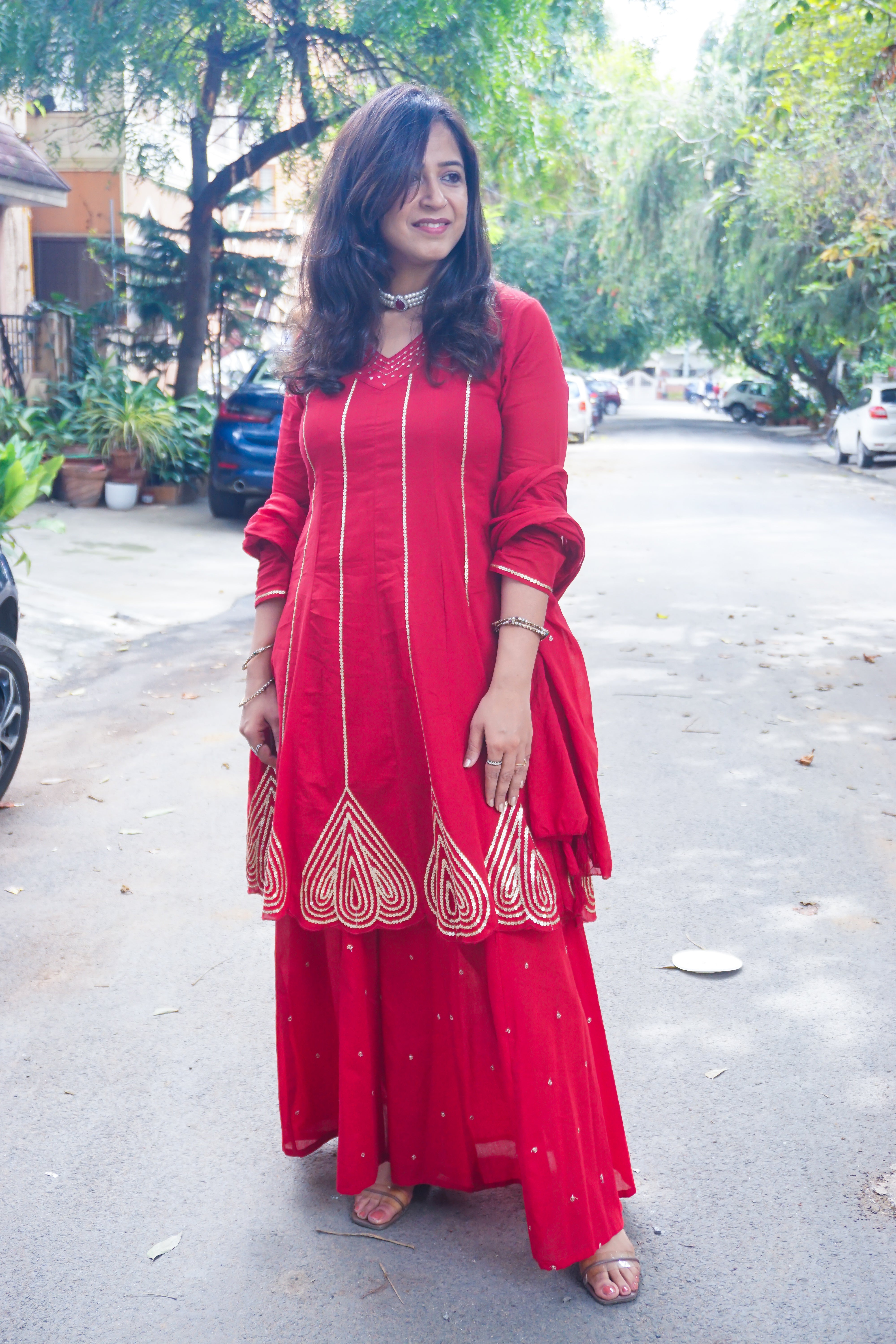 Red Blush Cotton Sharara Suit Set with Dupatta