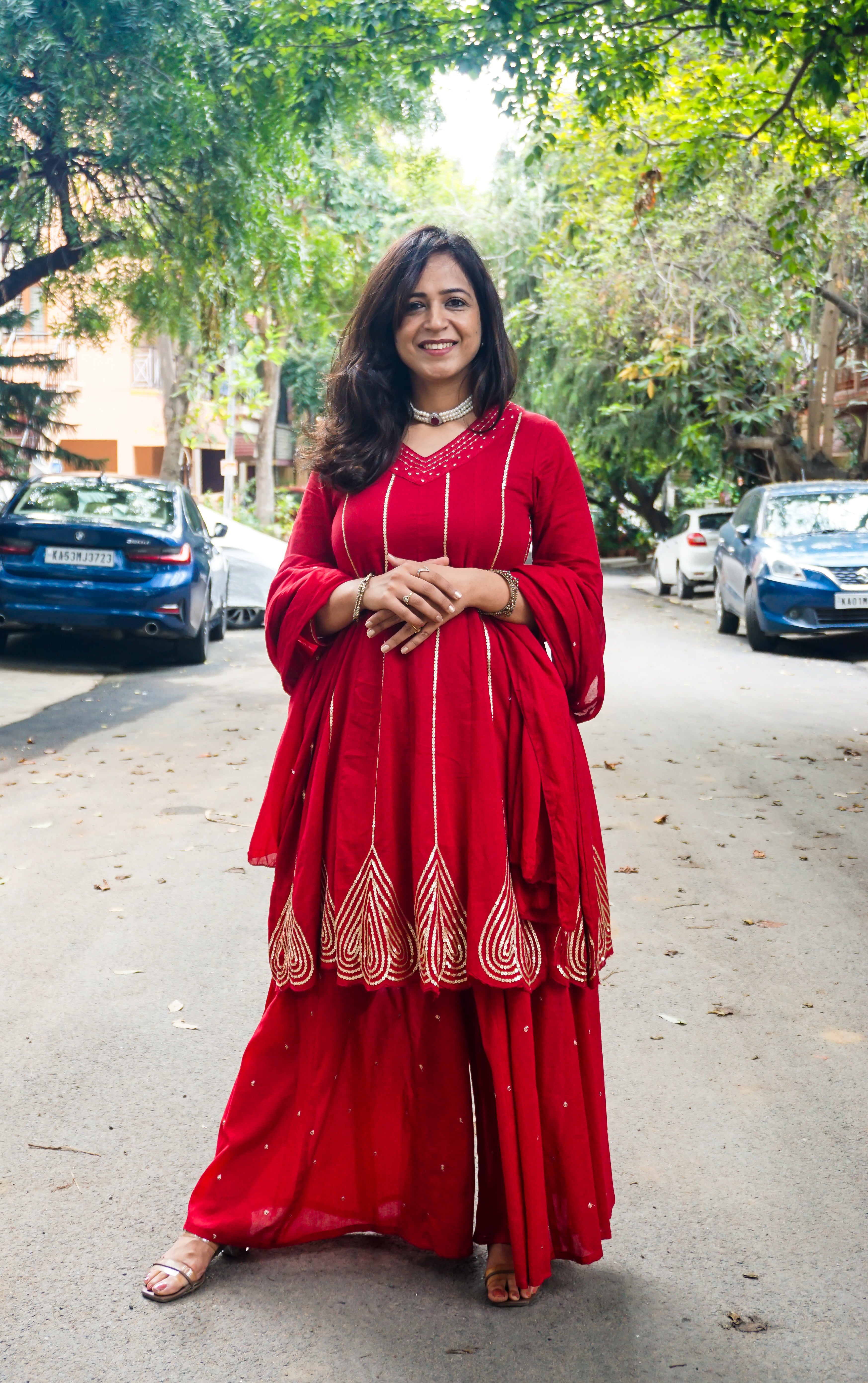 Red Blush Cotton Sharara Suit Set with Dupatta