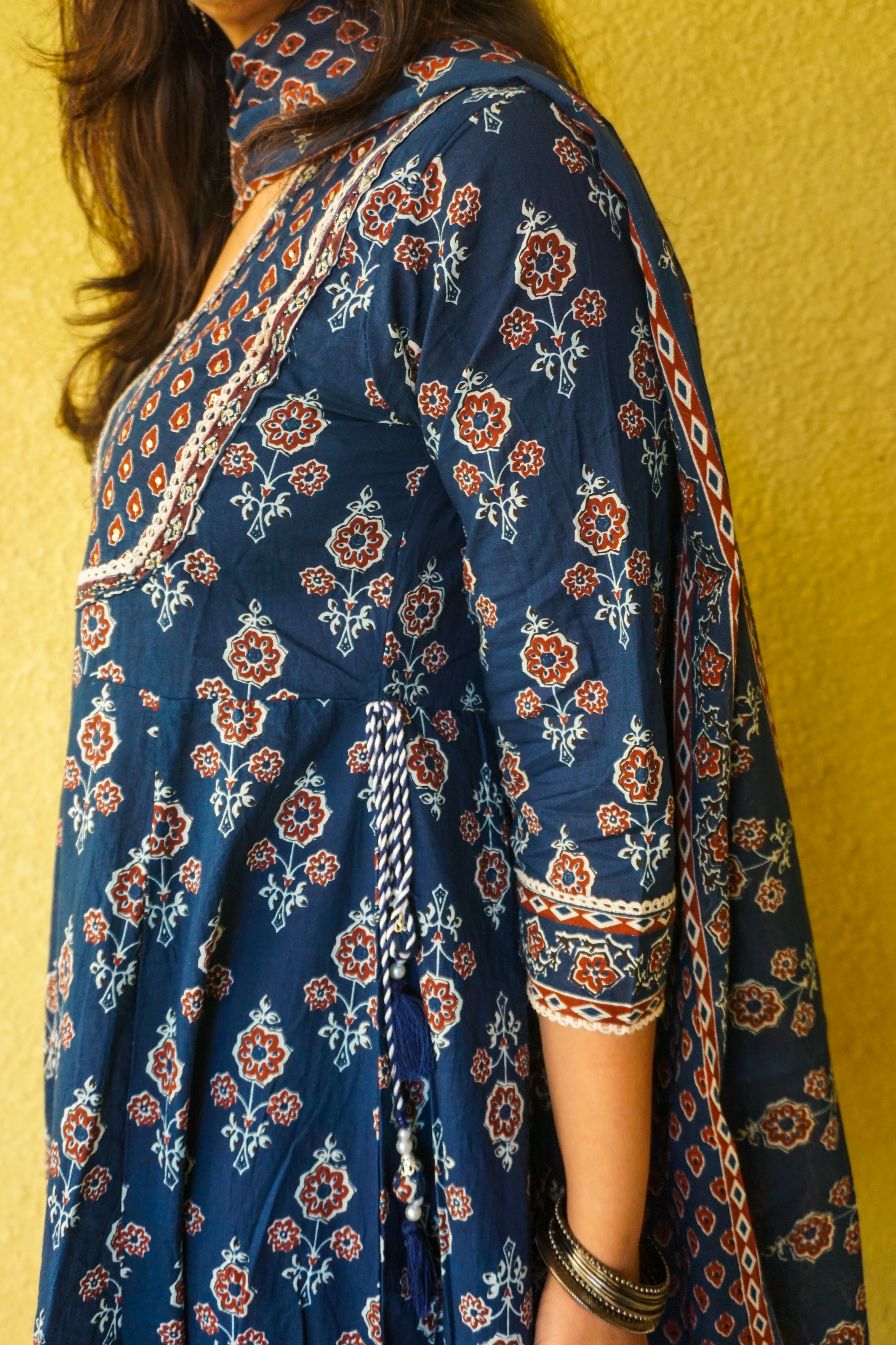 Indigo Bloom – Handblock Print Cotton Dupatta Suit