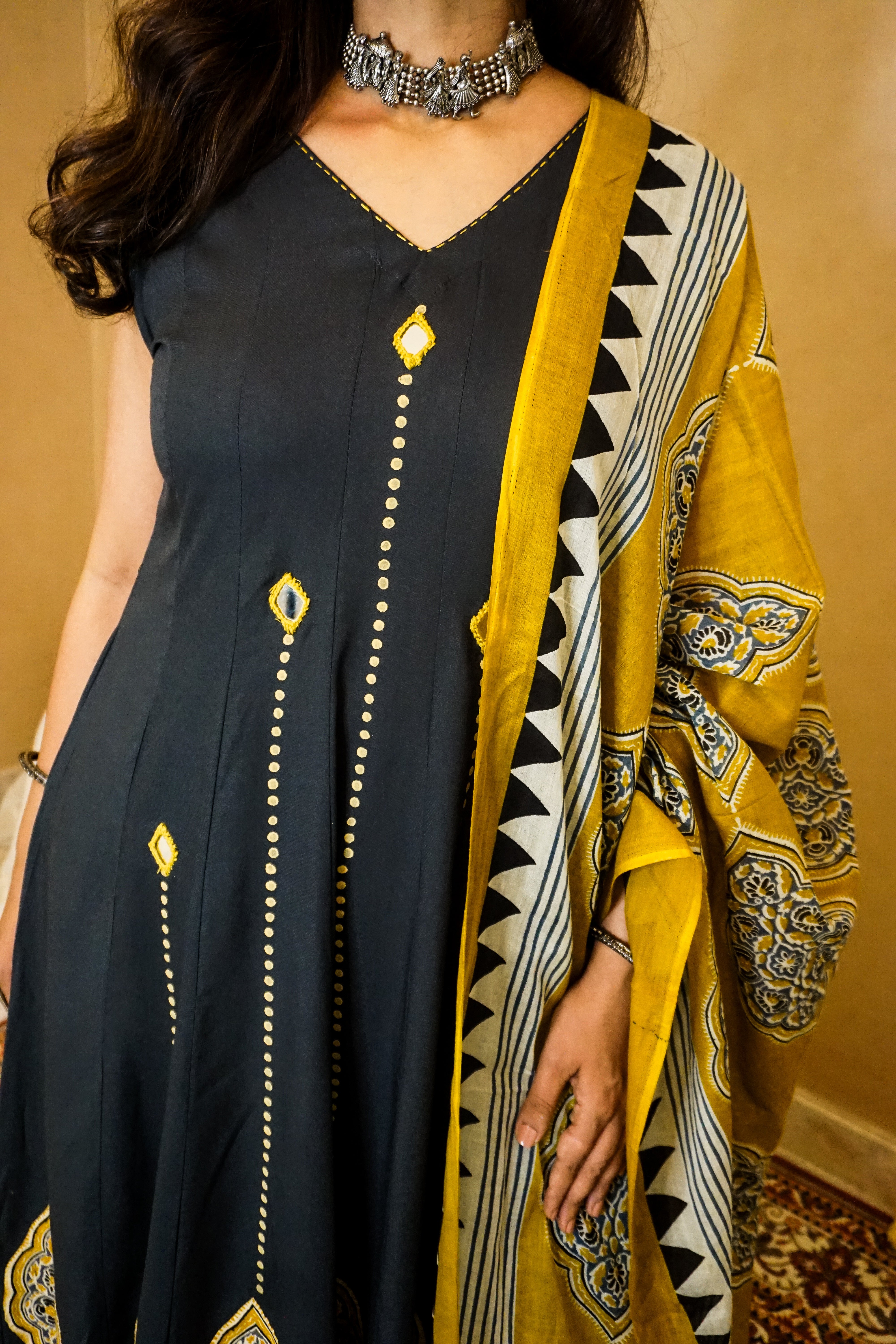 Charcoal Grey Cotton Suit Set with Contrast Cotton Dupatta | 3-Piece Set