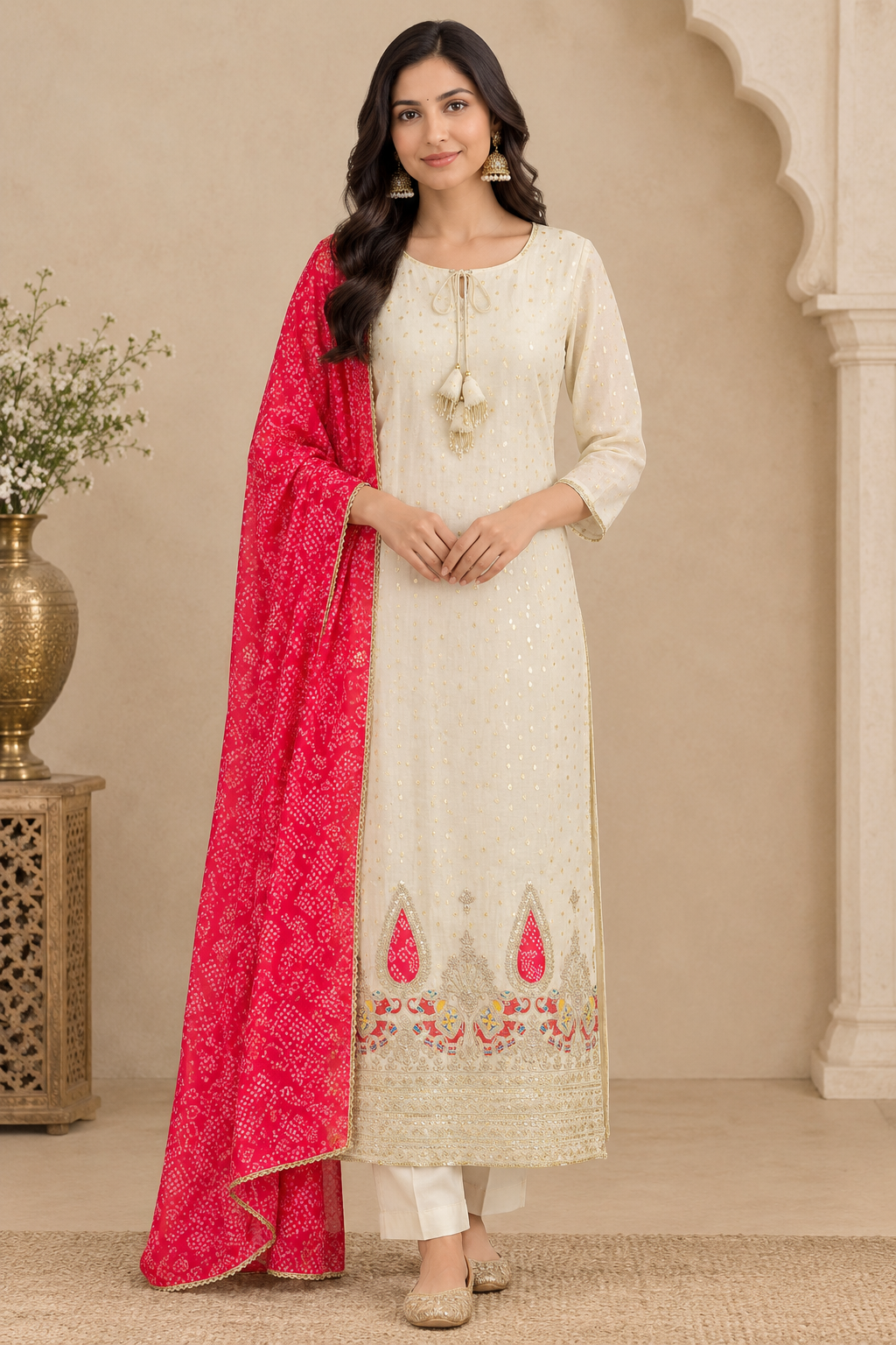 Silk Cotton Ivory Kurta Pant Set with Red Bandhej Print Dupatta