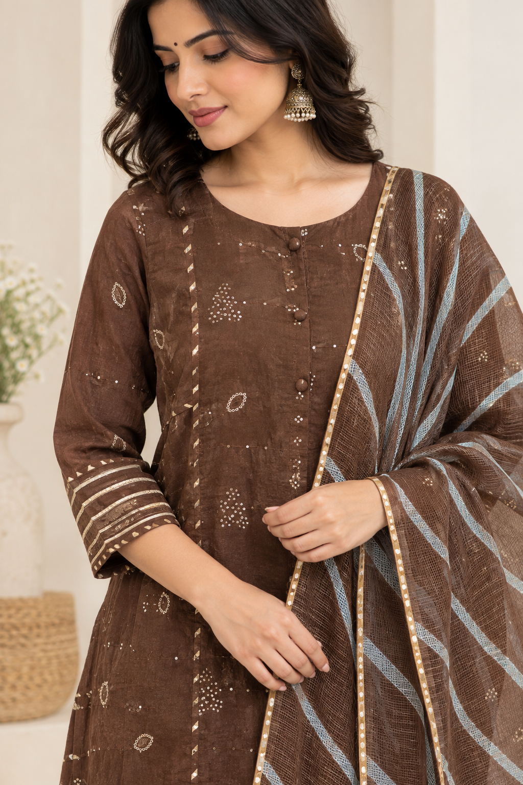 Coffee Brown Kota Doria Dupatta Suit Set (Set of 3)