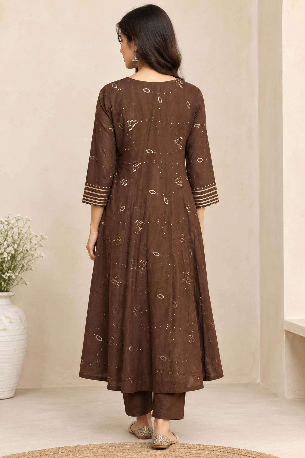 Coffee Brown Kota Doria Dupatta Suit Set (Set of 3)