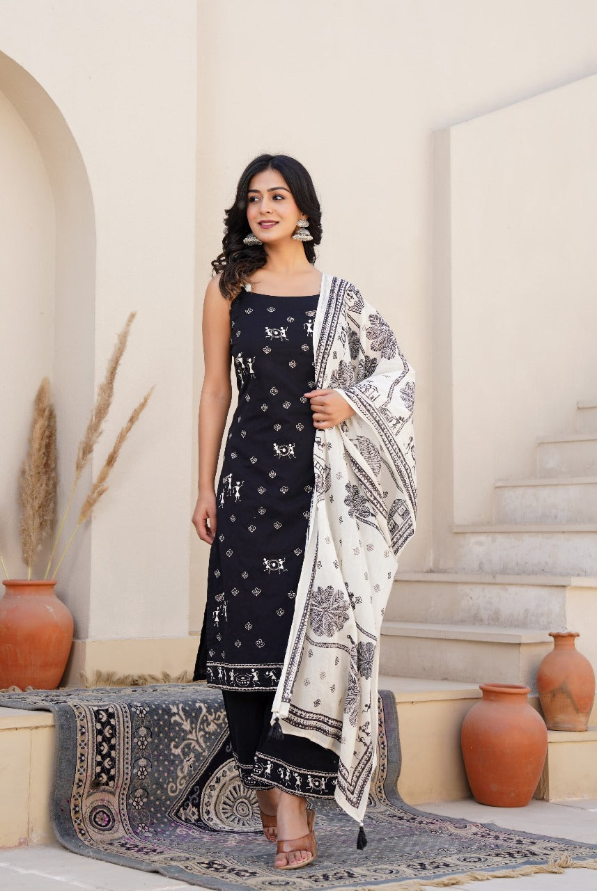 Midnight Tribal Print Cotton Suit Set with Dupatta