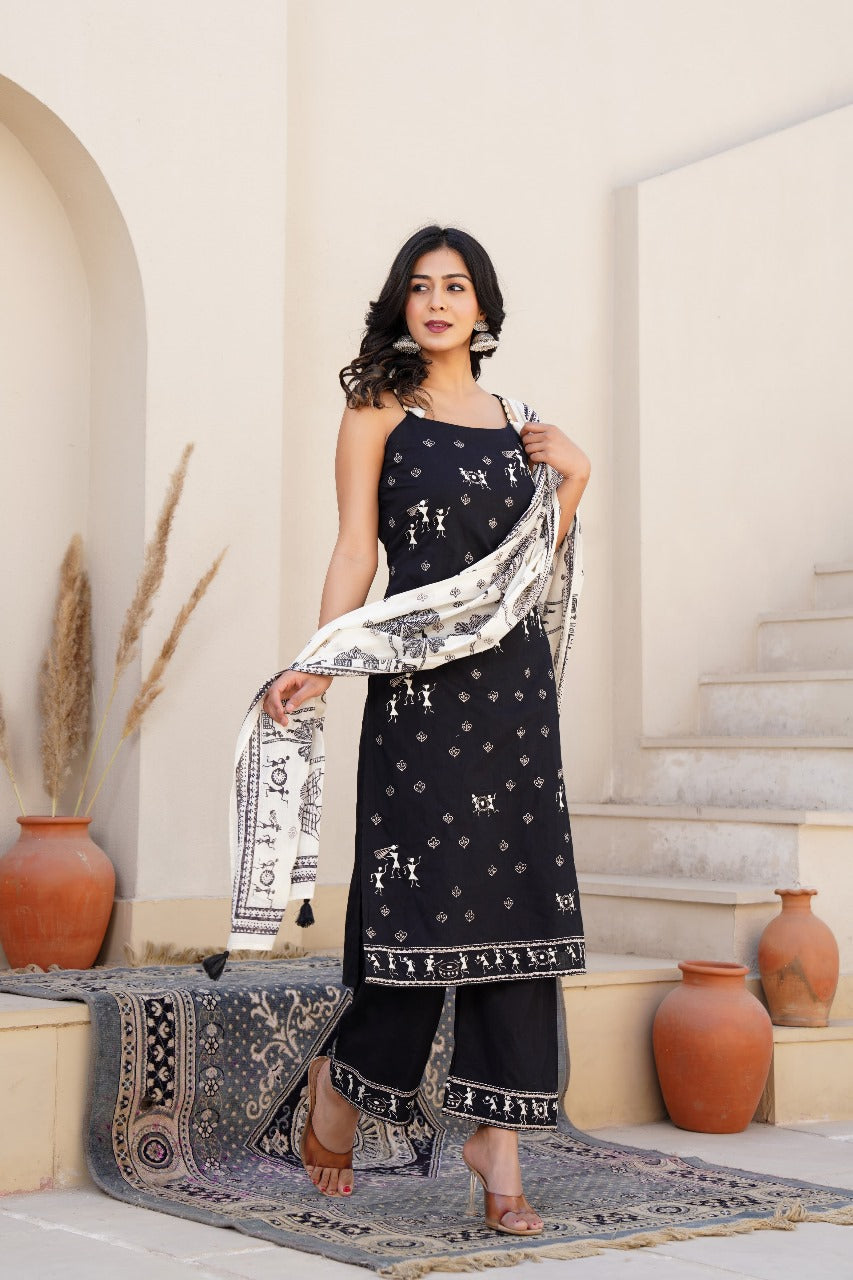 Midnight Tribal Print Cotton Suit Set with Dupatta