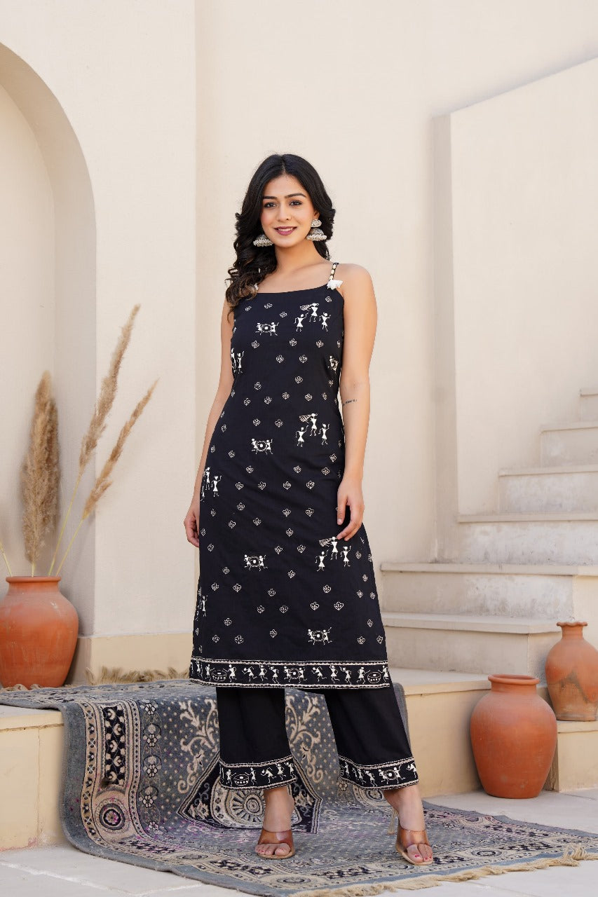 Midnight Tribal Print Cotton Suit Set with Dupatta
