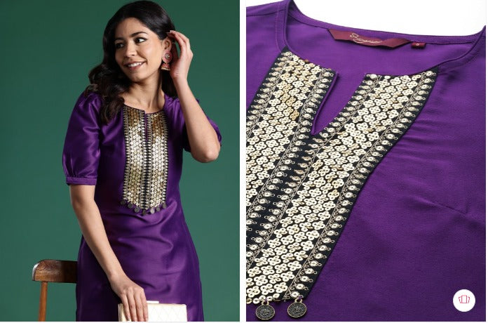 Silk Finish Coord Set with Mirror and Sequin Detailing – Available in Red & Purple