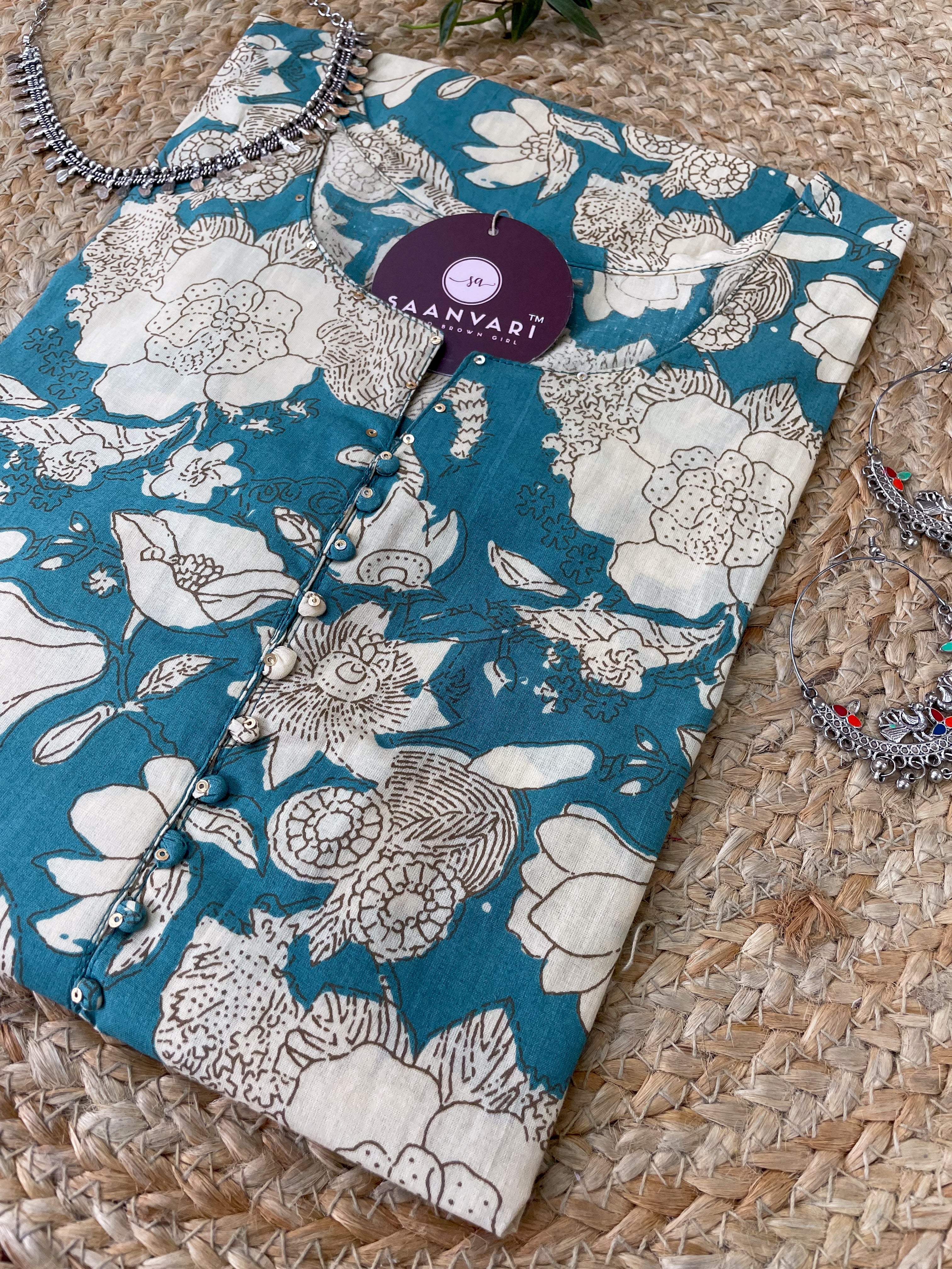 Turquoise Blue Floral Print Cotton Straight Kurta