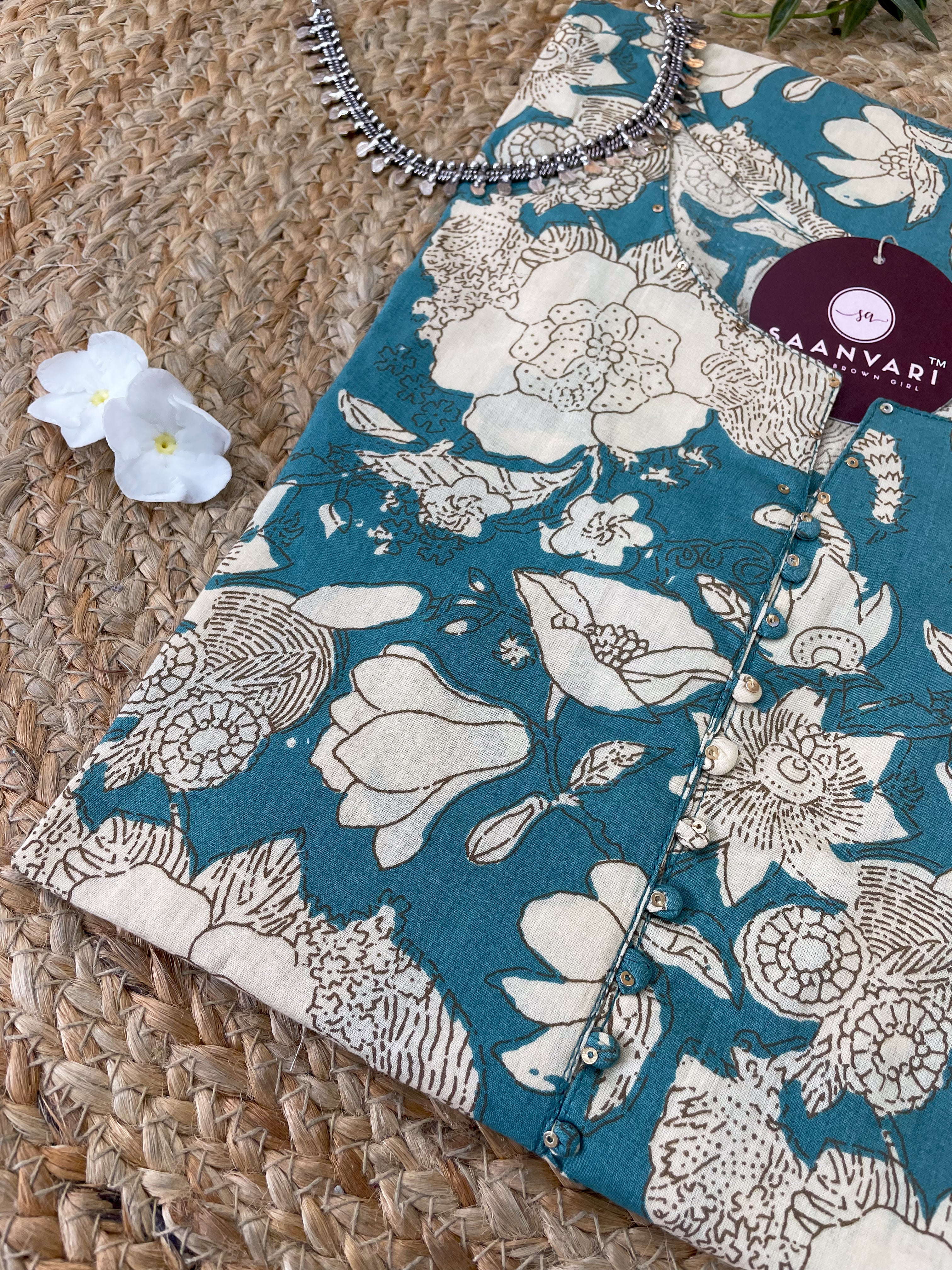 Turquoise Blue Floral Print Cotton Straight Kurta