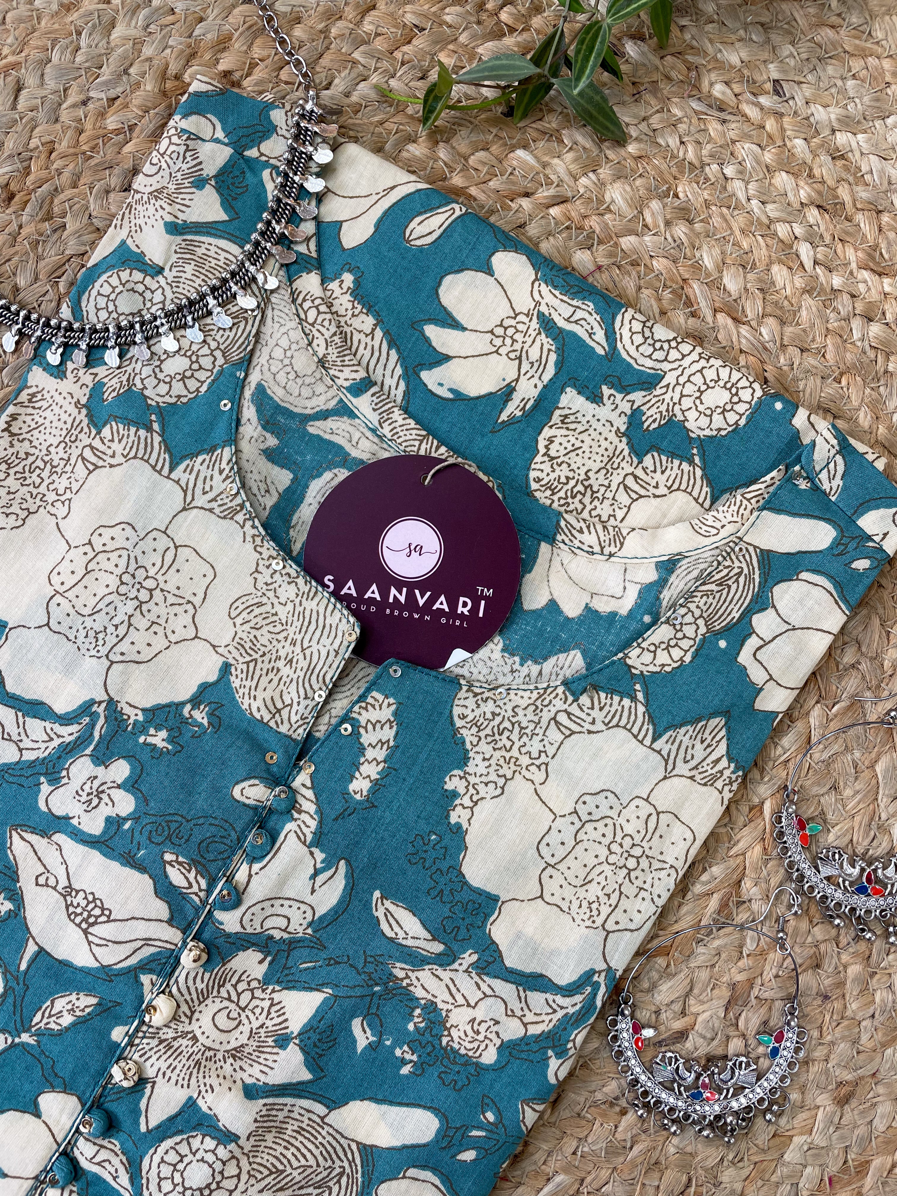 Turquoise Blue Floral Print Cotton Straight Kurta