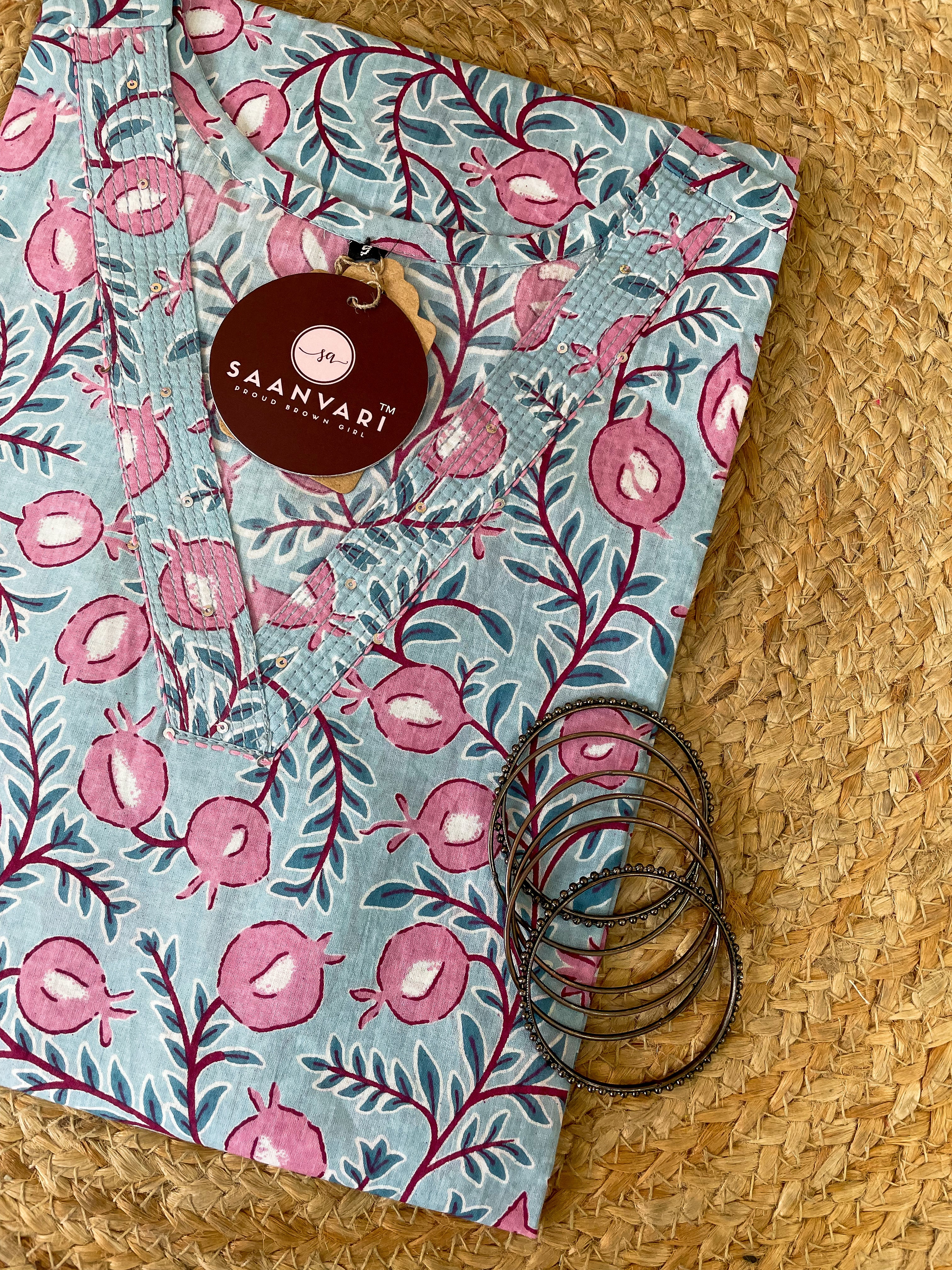 Sky Blue Floral Print Cotton Straight Kurta