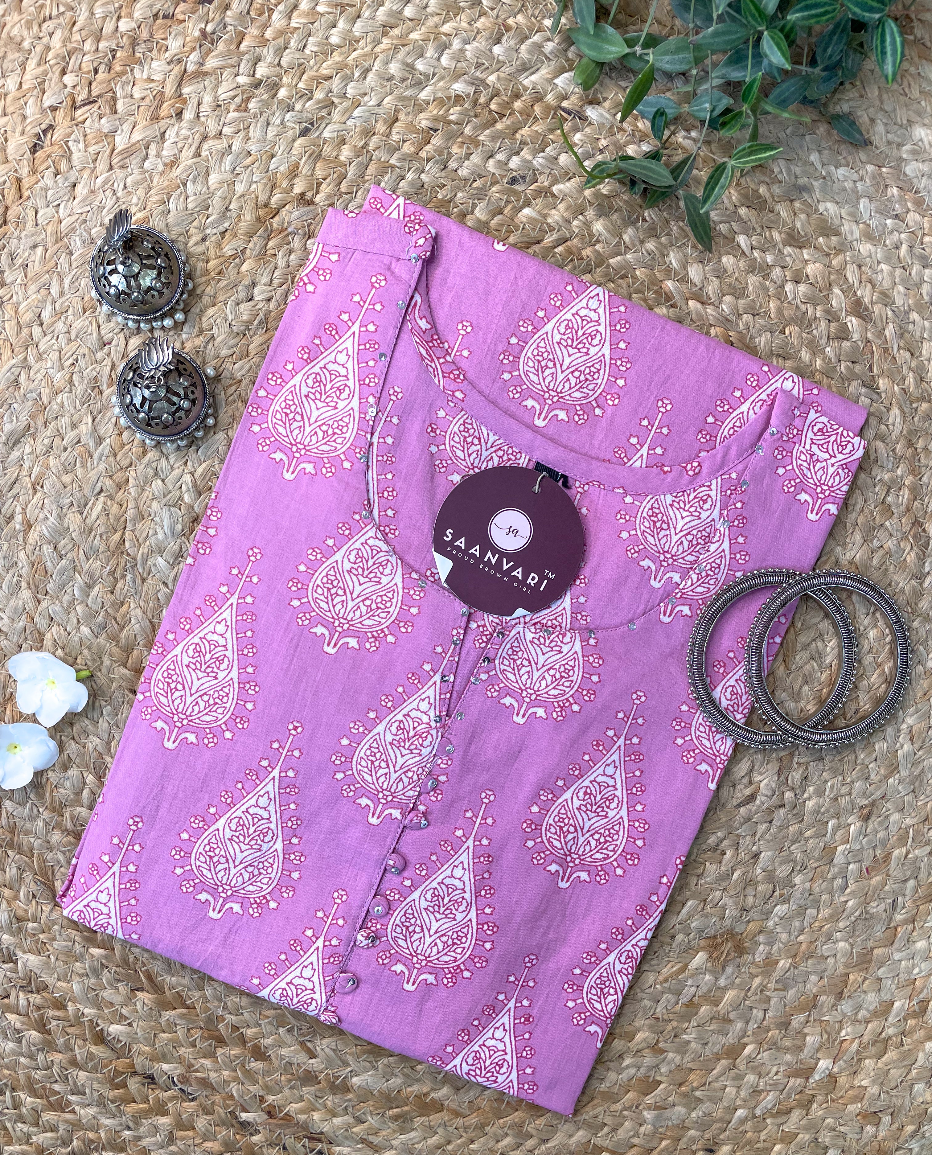 Jaipur Cotton Handblock Print Straight Fit Kurta – Pink
