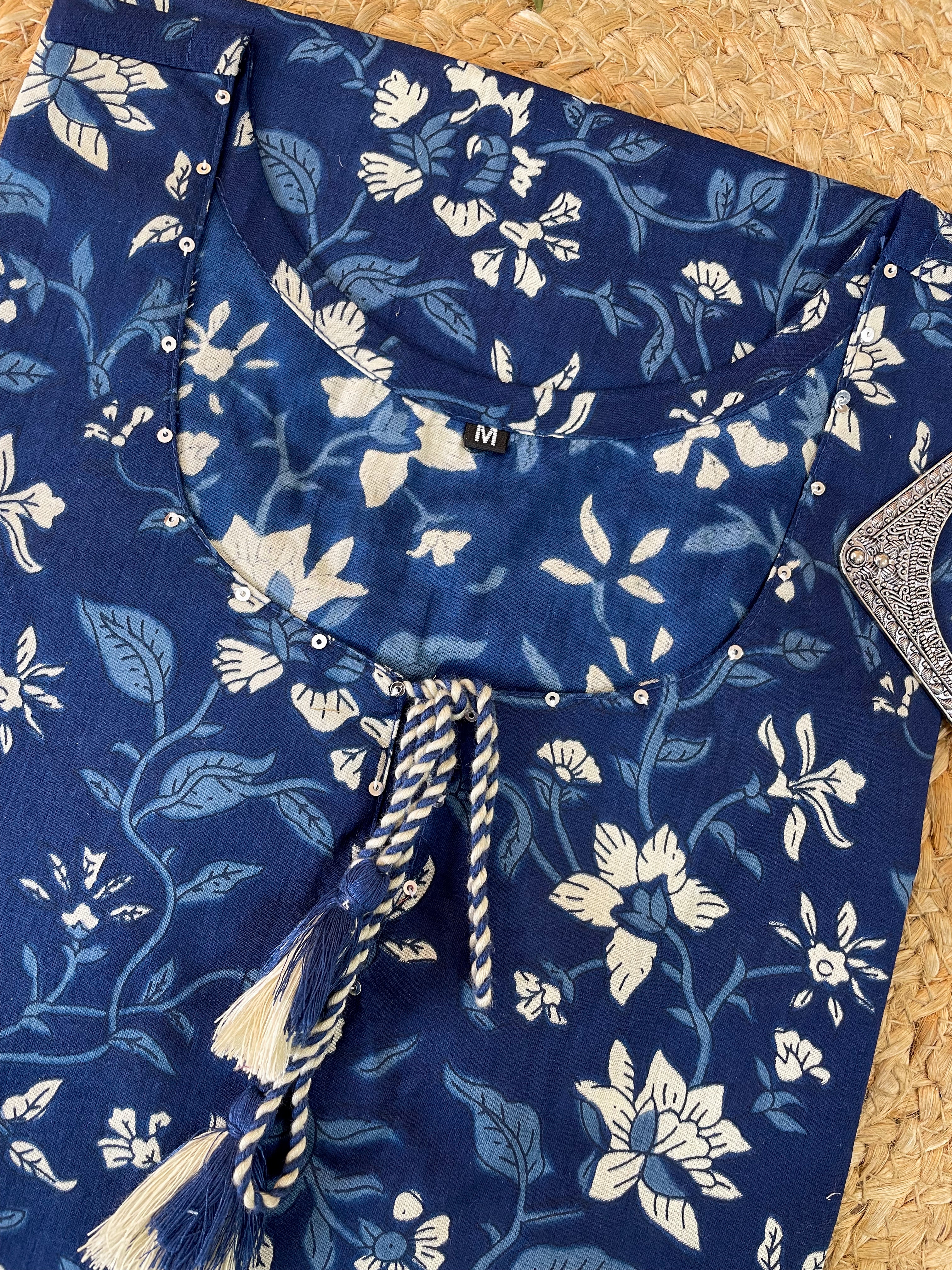 Floral Print Cotton Straight Kurta with Tassel Tie-Up Neck
