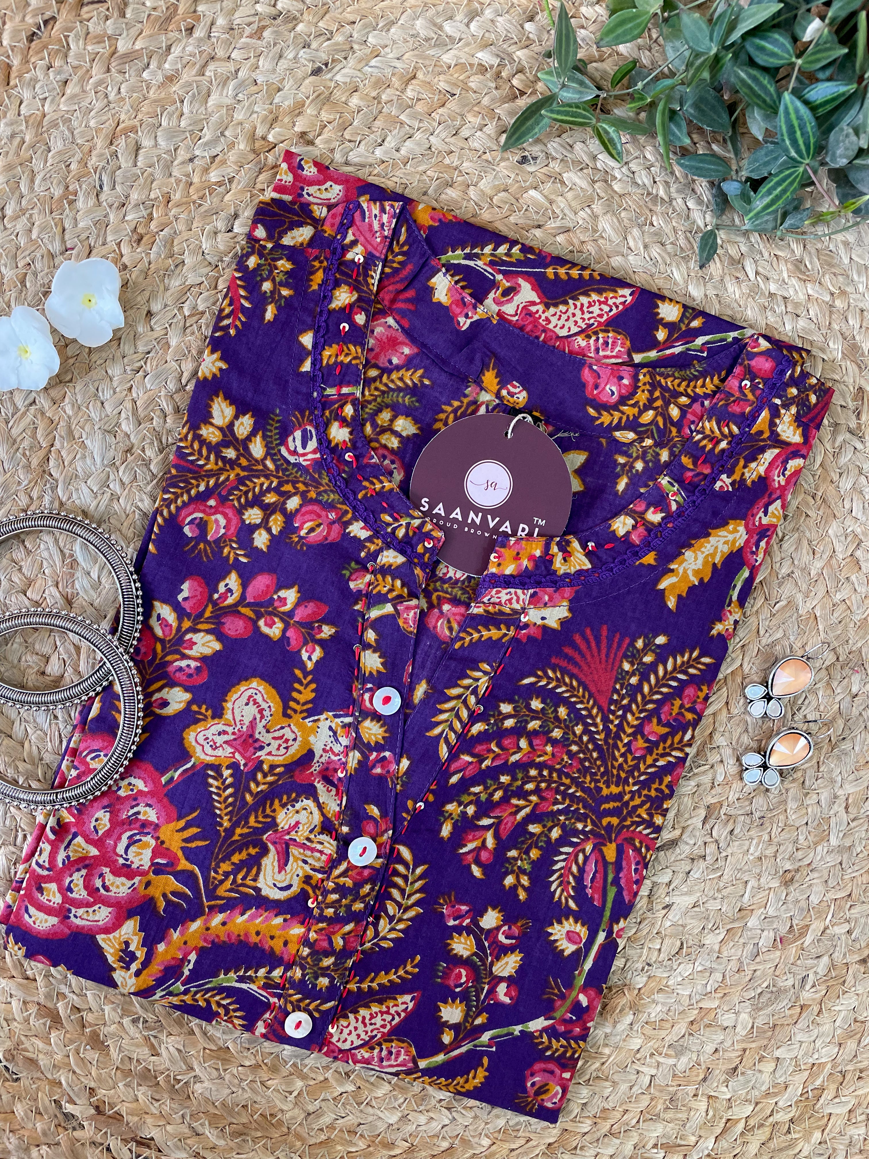 Purple Floral Print Cotton Straight Kurta - Jaipur Collection