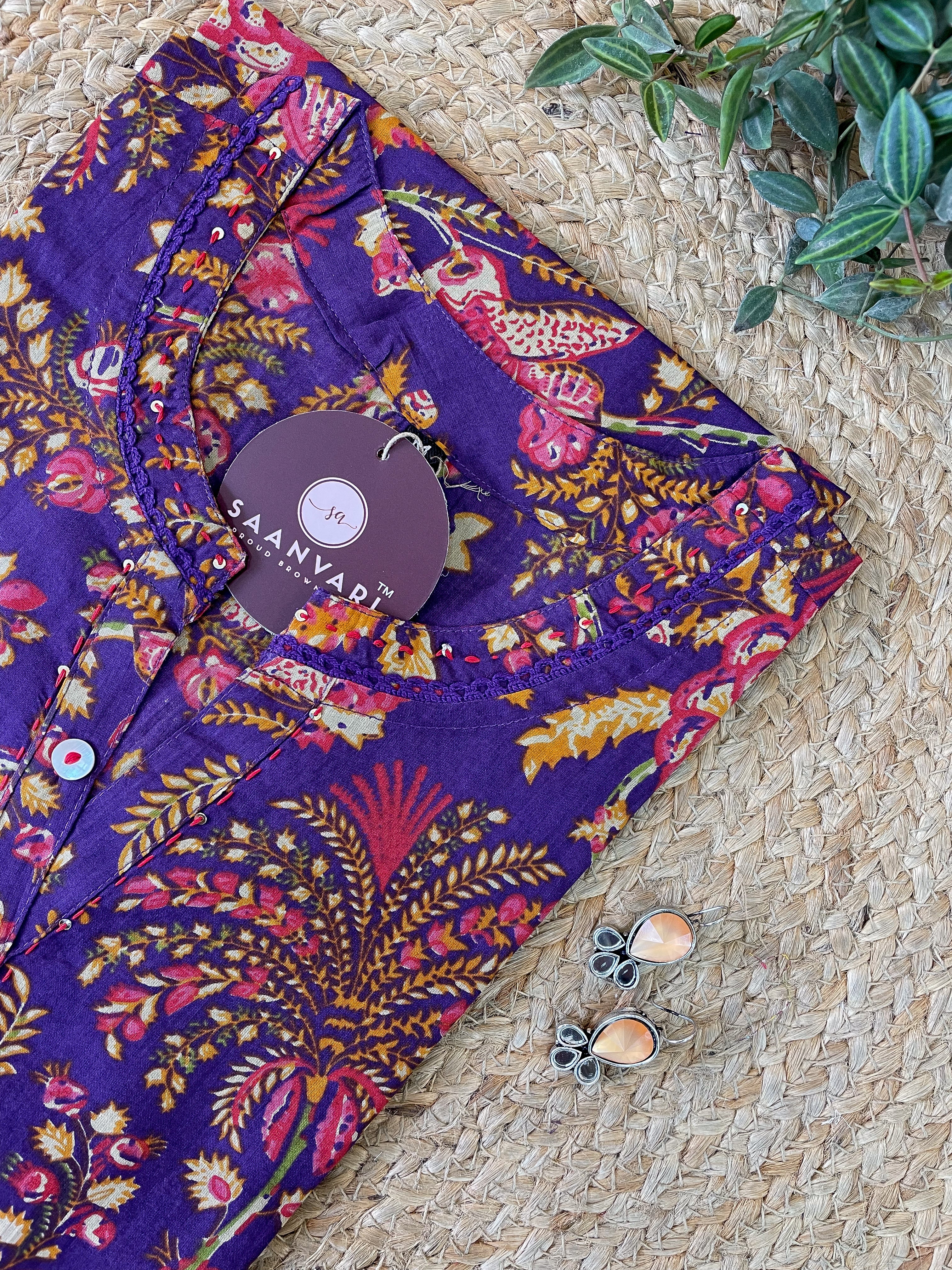 Purple Floral Print Cotton Straight Kurta - Jaipur Collection