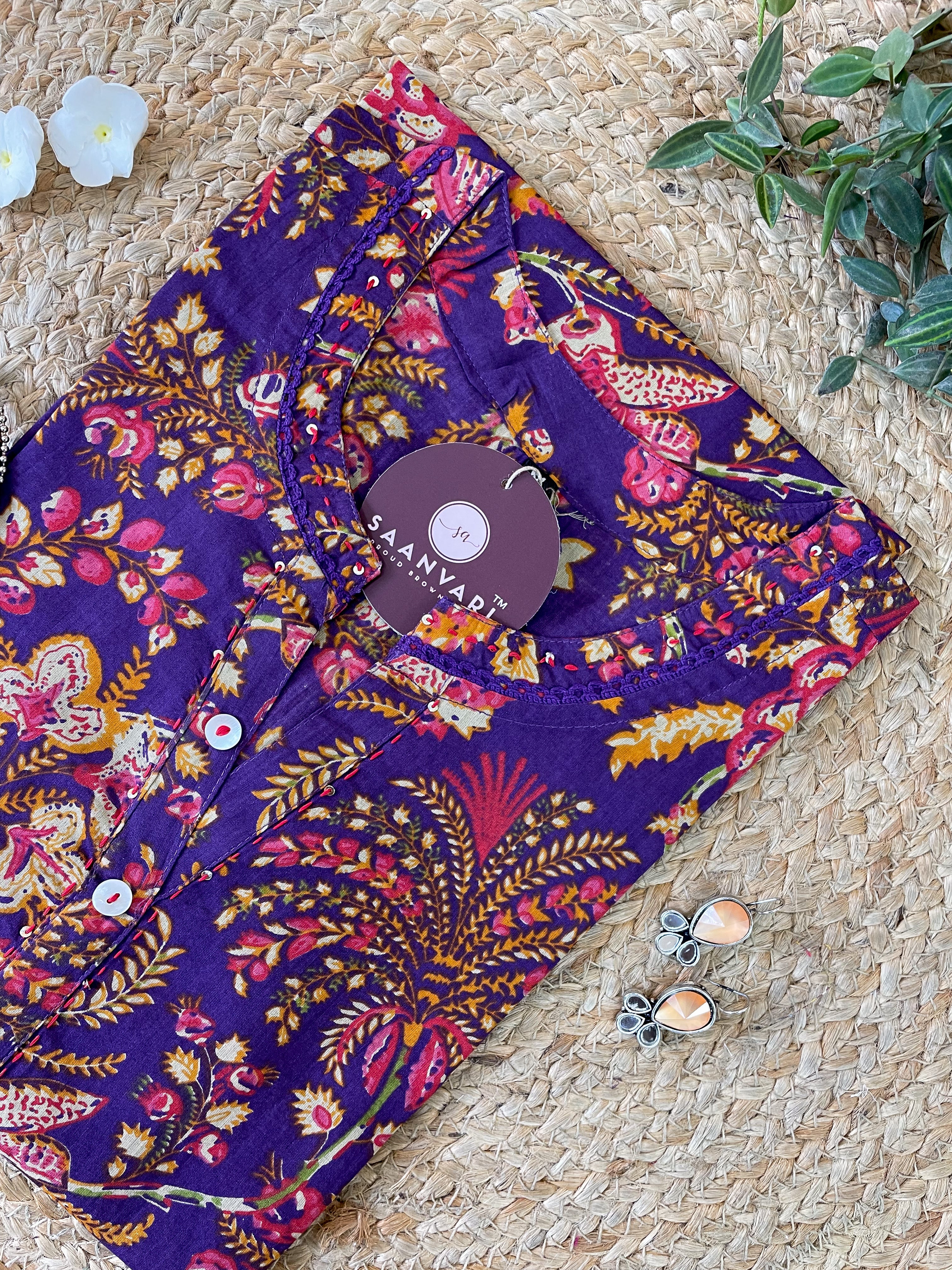 Purple Floral Print Cotton Straight Kurta - Jaipur Collection