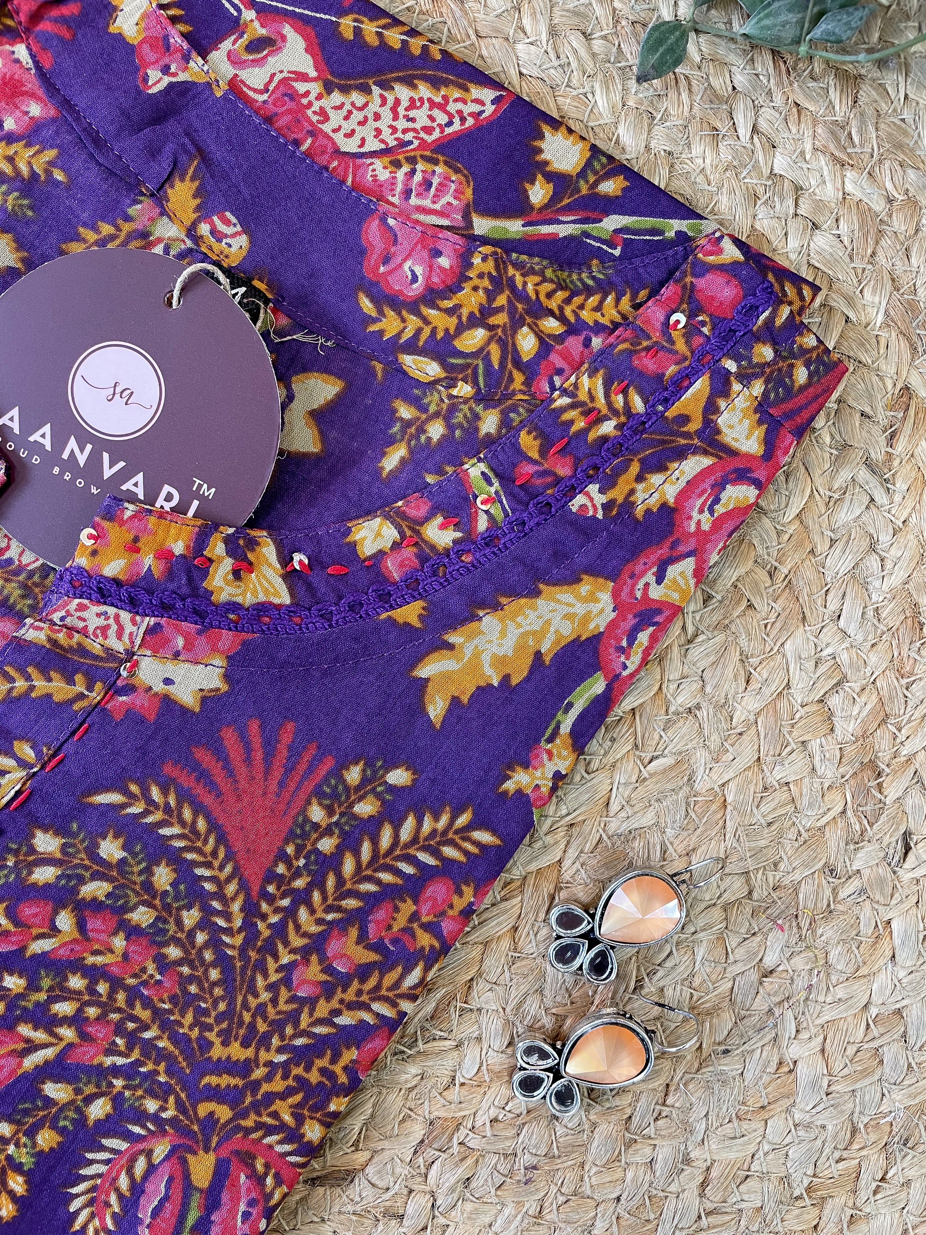 Purple Floral Print Cotton Straight Kurta - Jaipur Collection
