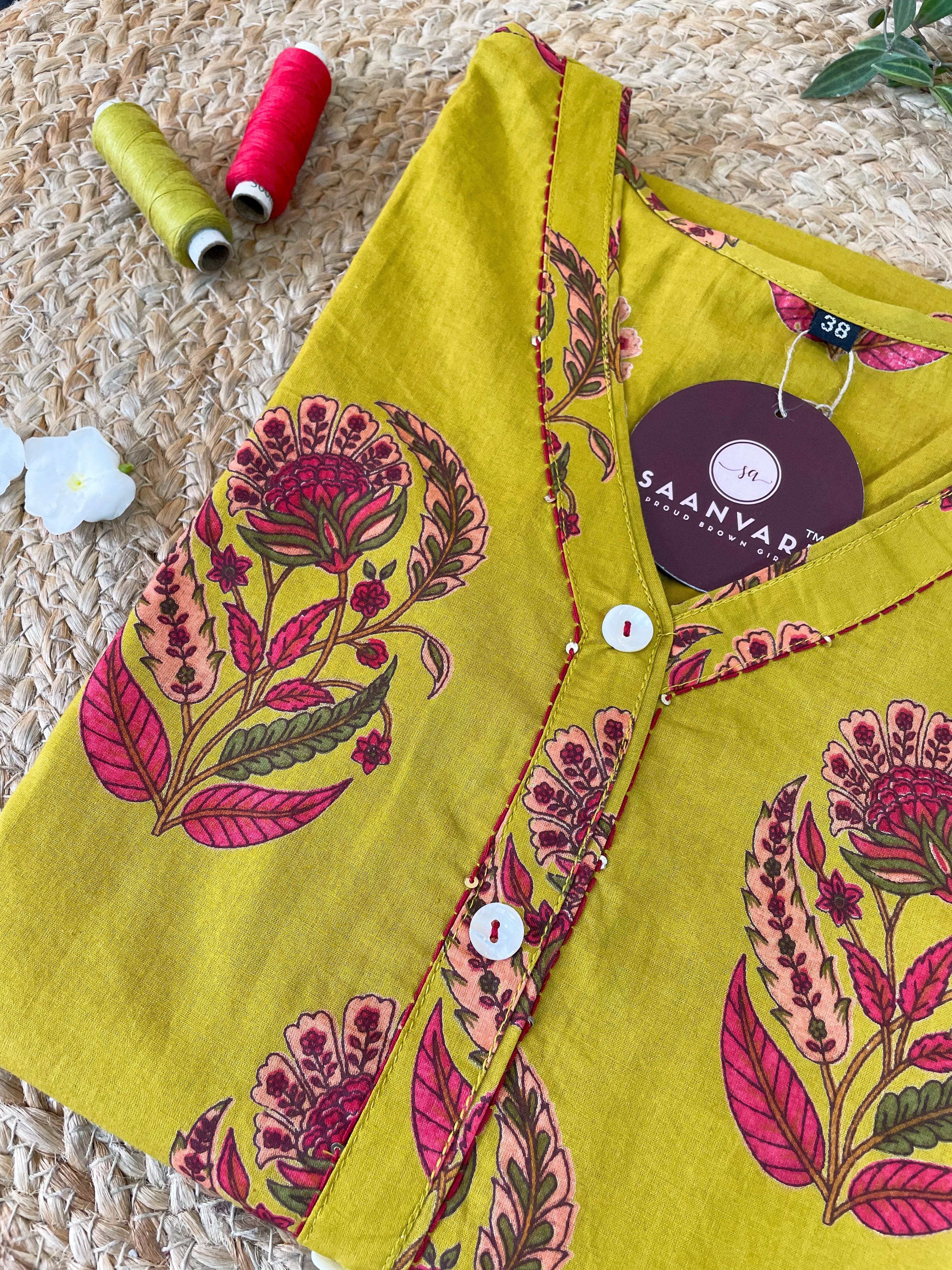 Mustard Floral Print Cotton Straight Kurta – Jaipur Collection