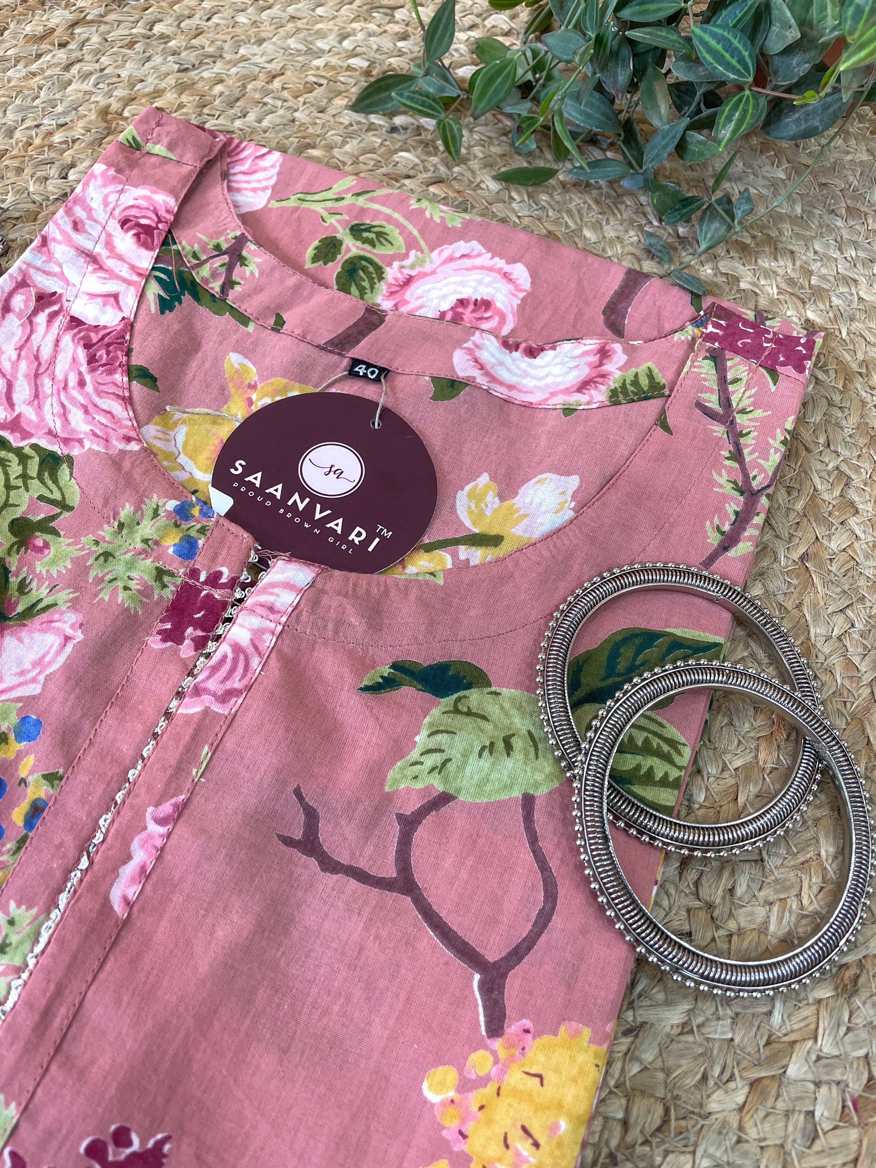 Rose Blush Floral Print Cotton Straight Kurta